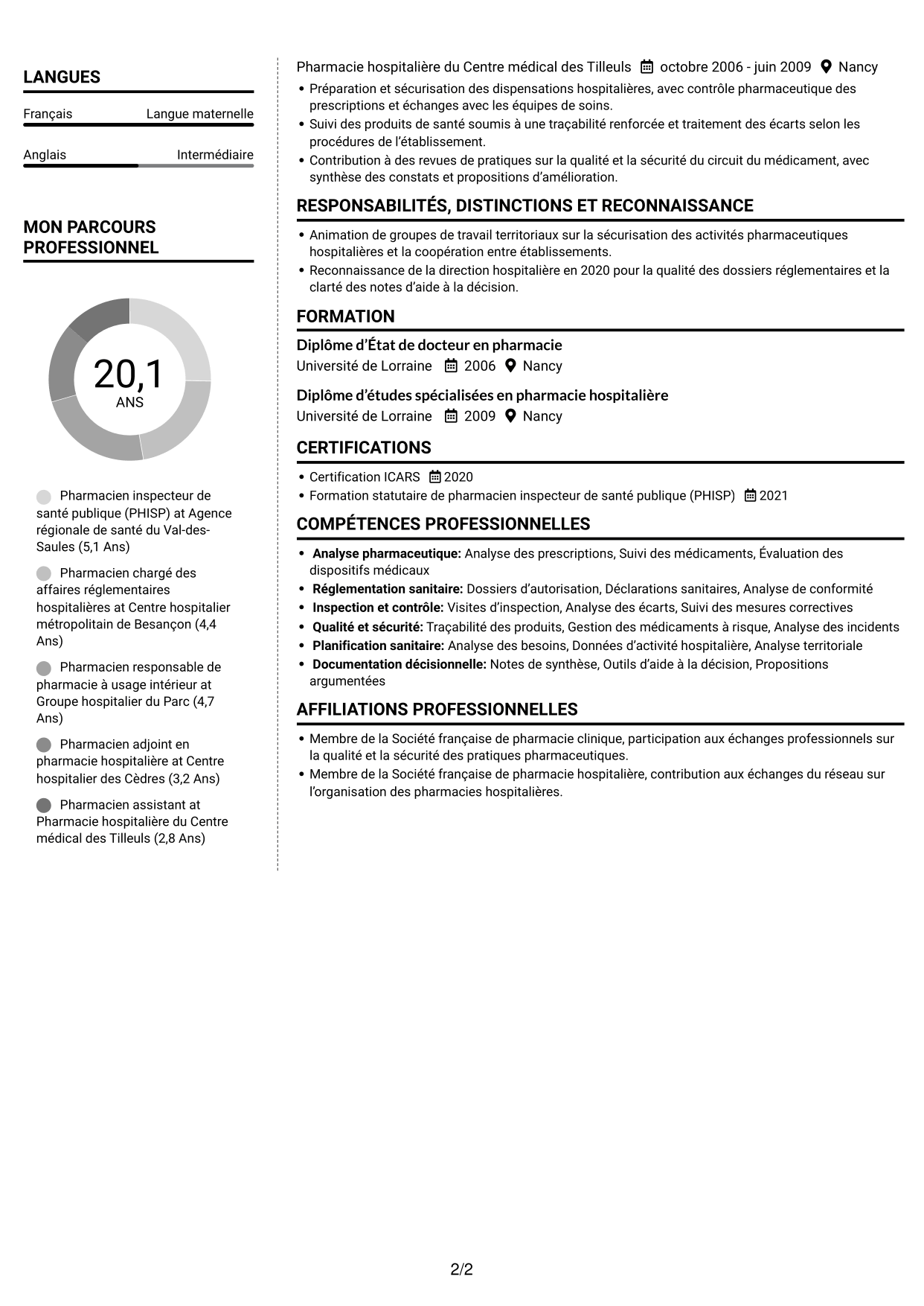 CV Moderne (format à deux colonnes avec photo à gauche et séparateur) : Conseiller pharmaceutique - PUI et biologie médicale, page 2