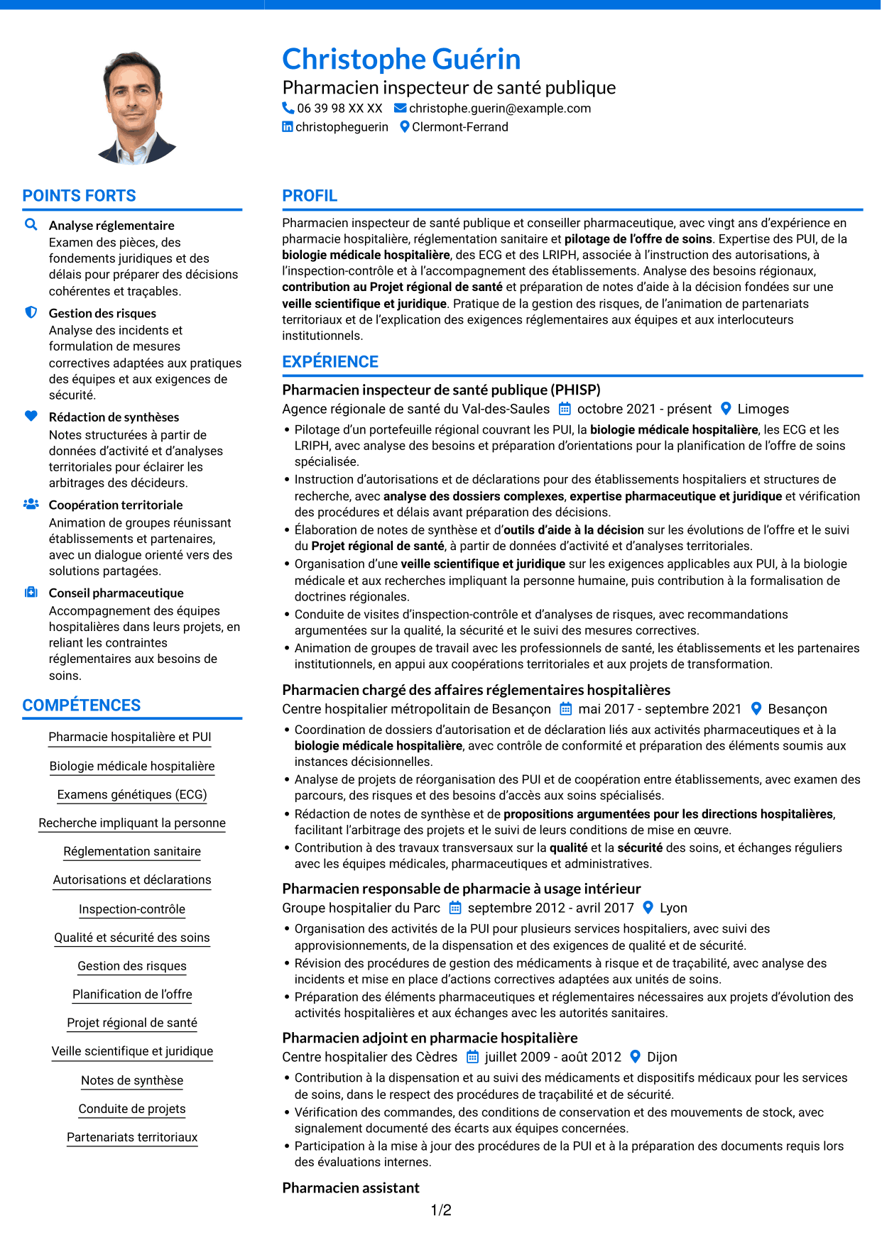 CV Audacieux (format à deux colonnes avec accents colorés et photo) : Conseiller pharmaceutique - PUI et biologie médicale, page 1