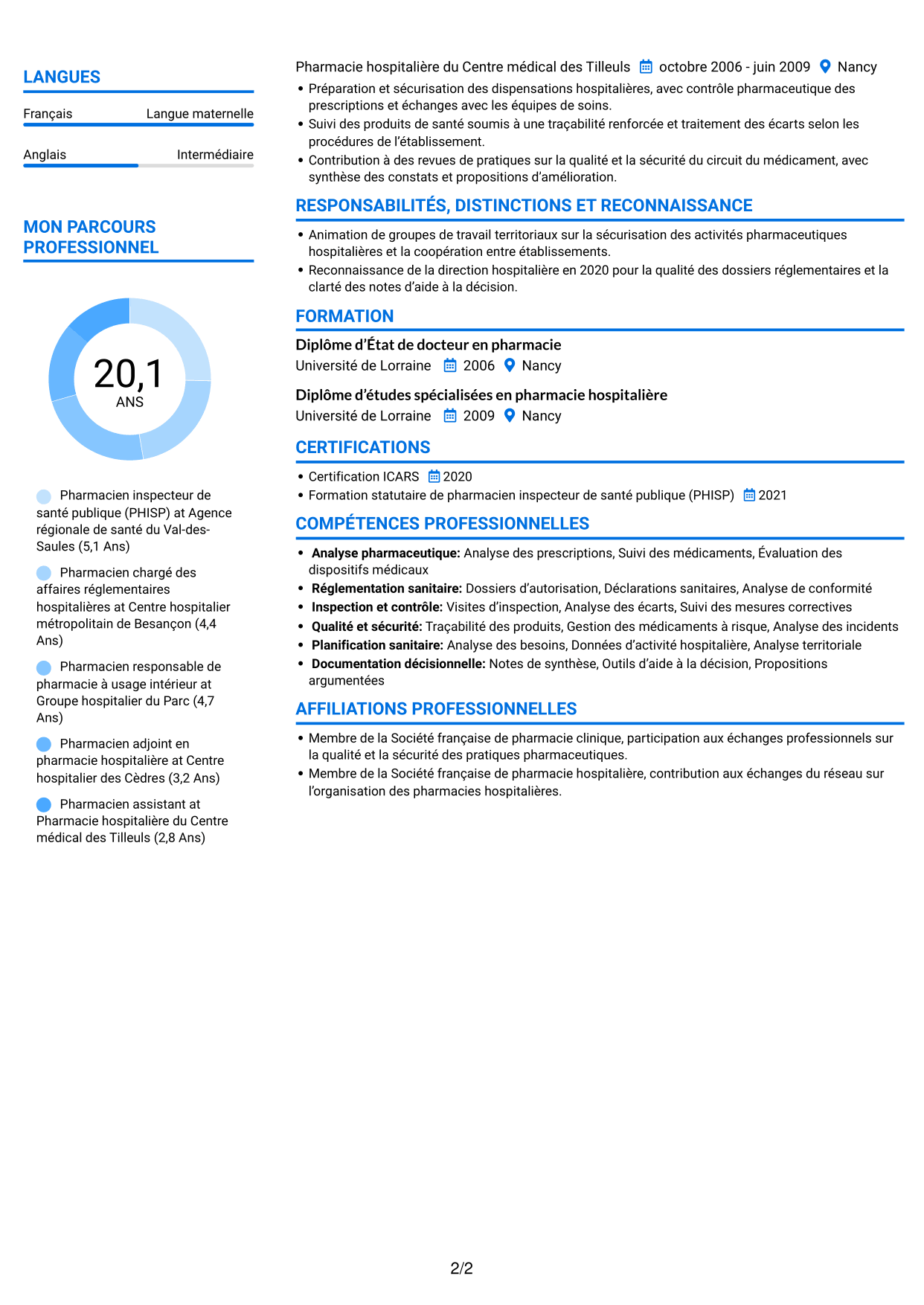 CV Audacieux (format à deux colonnes avec accents colorés et photo) : Conseiller pharmaceutique - PUI et biologie médicale, page 2