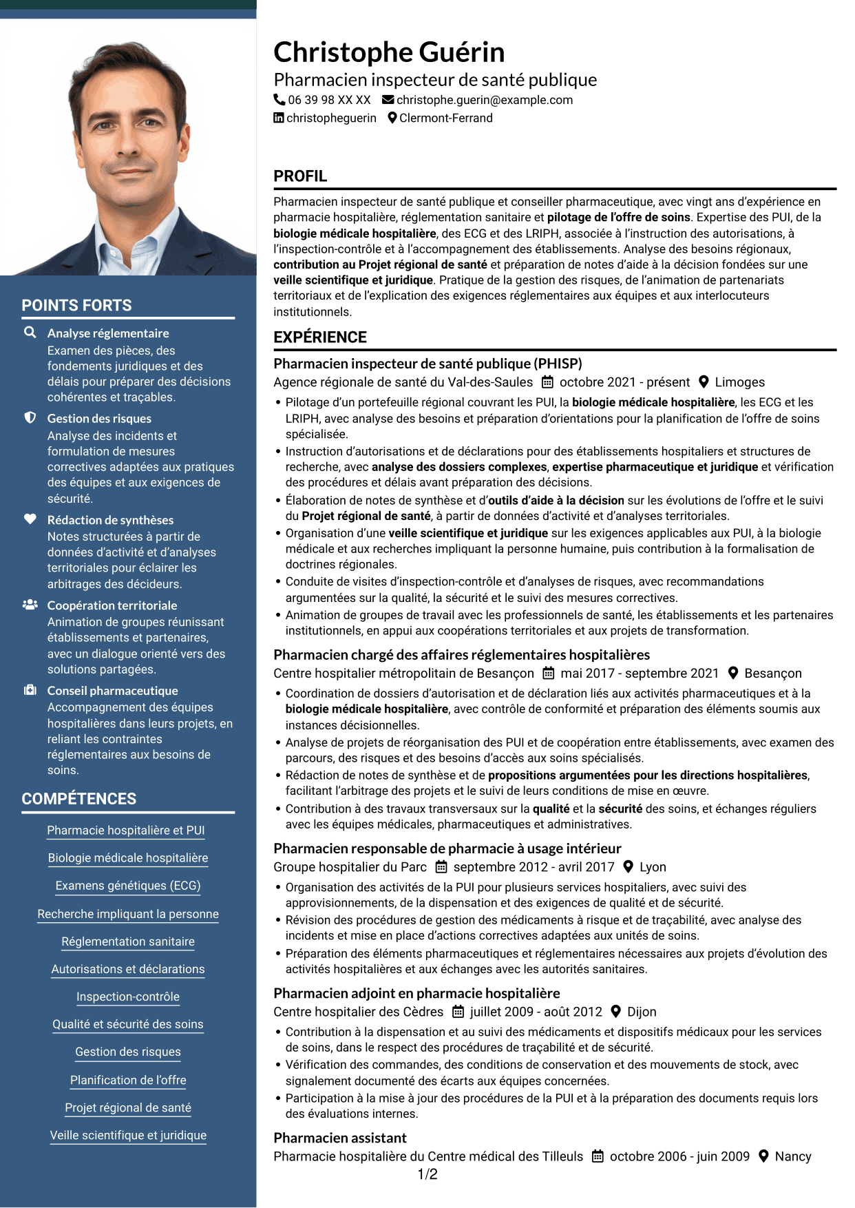 CV Signature (format à colonne latérale colorée avec grande photo) : Conseiller pharmaceutique - PUI et biologie médicale, page 1