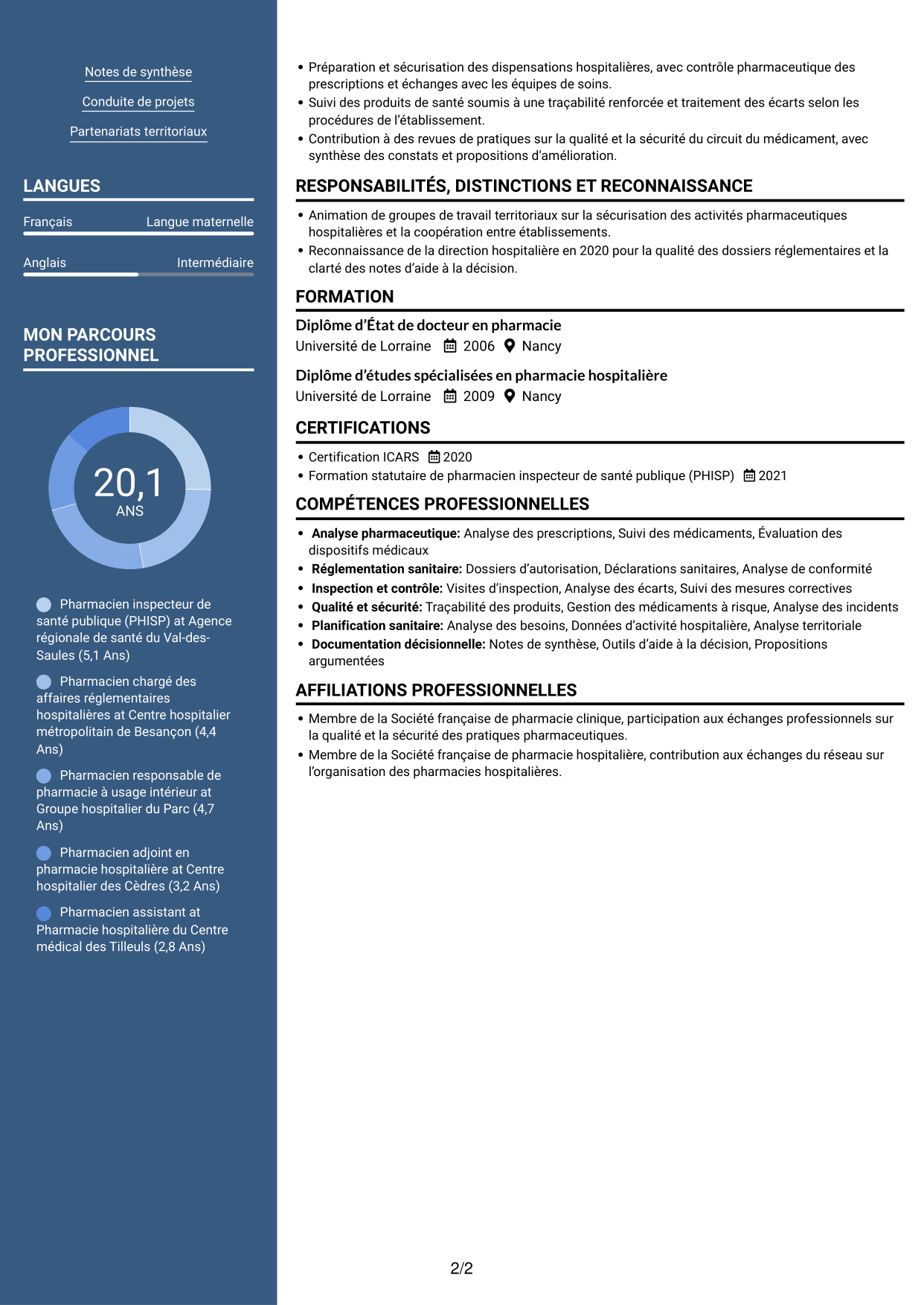 CV Signature (format à colonne latérale colorée avec grande photo) : Conseiller pharmaceutique - PUI et biologie médicale, page 2