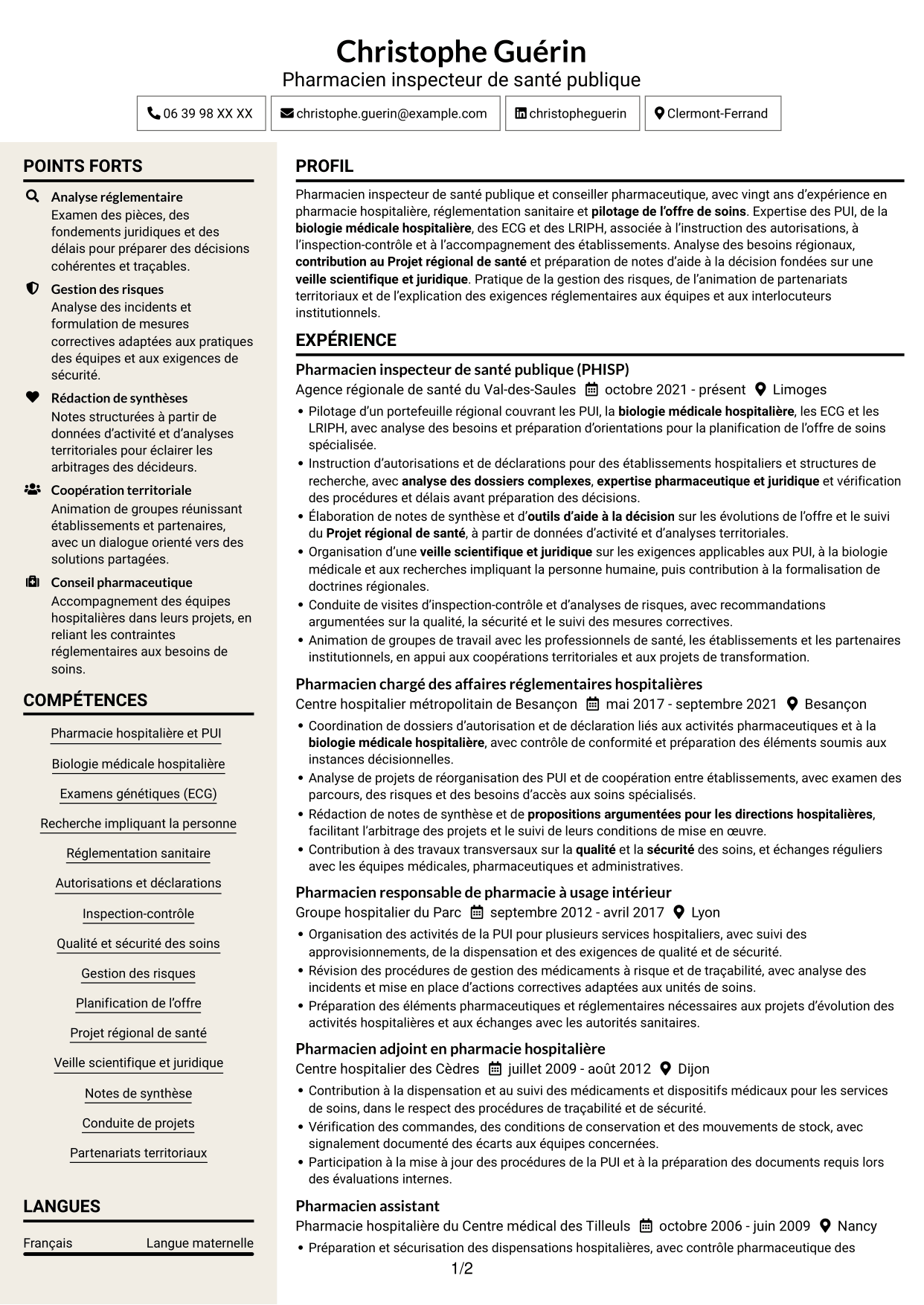 CV Fonceur (format à deux colonnes avec en-tête centré sans photo) : Conseiller pharmaceutique - PUI et biologie médicale, page 1