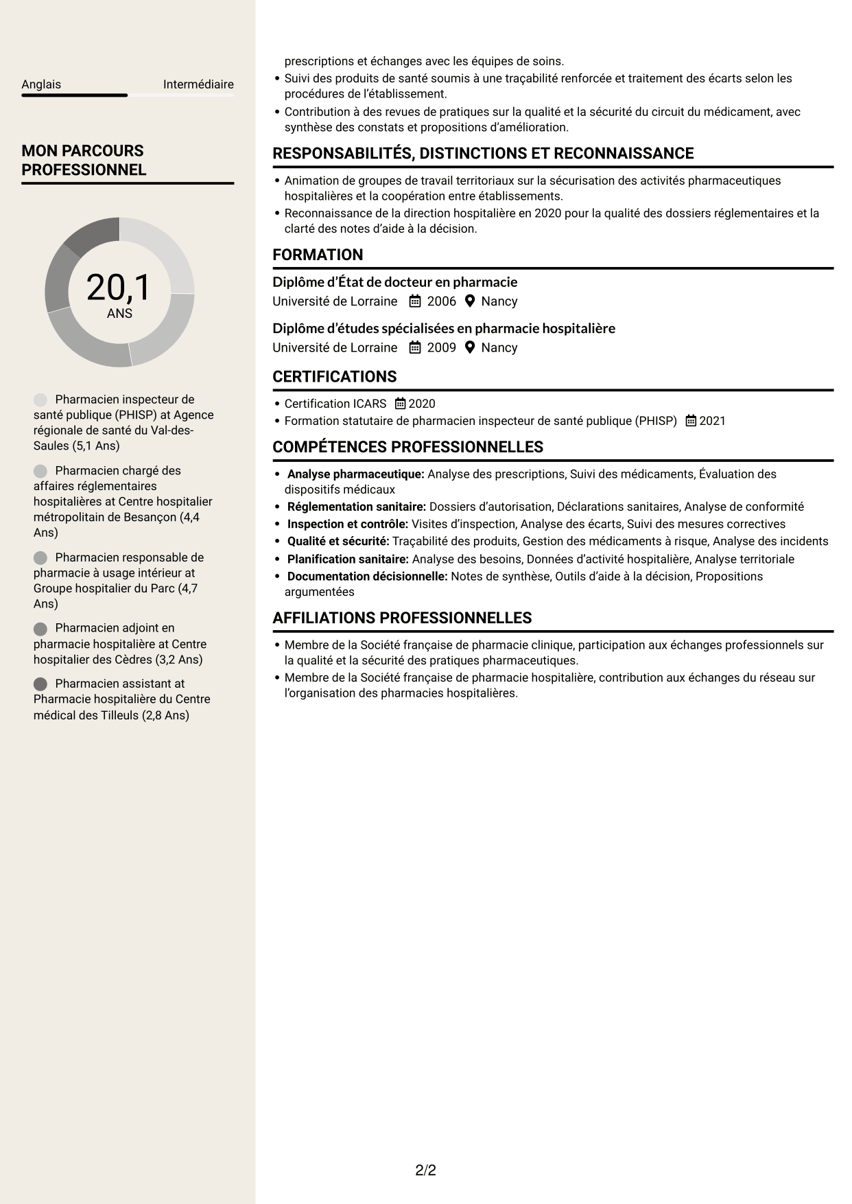 CV Fonceur (format à deux colonnes avec en-tête centré sans photo) : Conseiller pharmaceutique - PUI et biologie médicale, page 2