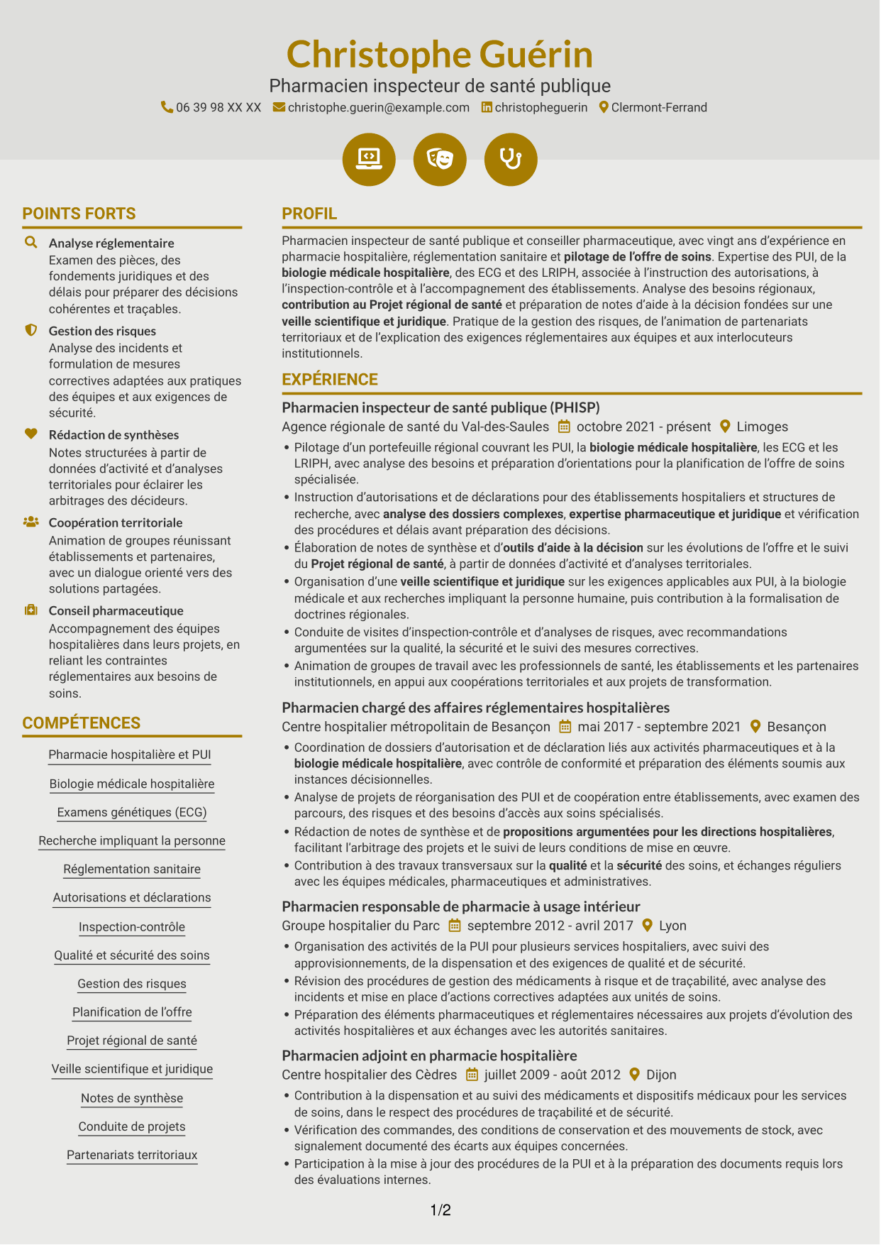 CV Dynamique (format à deux colonnes avec icônes) : Conseiller pharmaceutique - PUI et biologie médicale, page 1