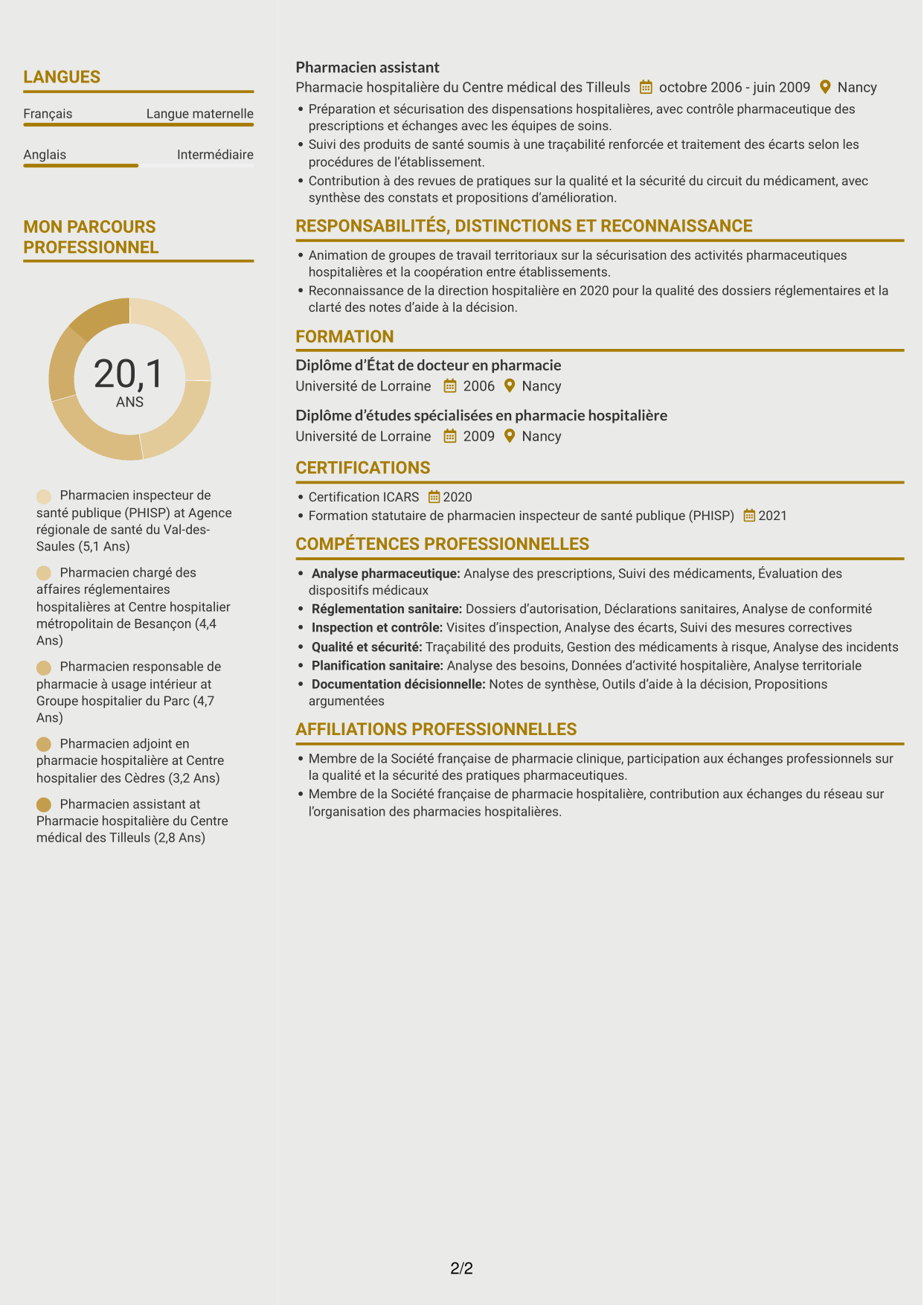 CV Dynamique (format à deux colonnes avec icônes) : Conseiller pharmaceutique - PUI et biologie médicale, page 2