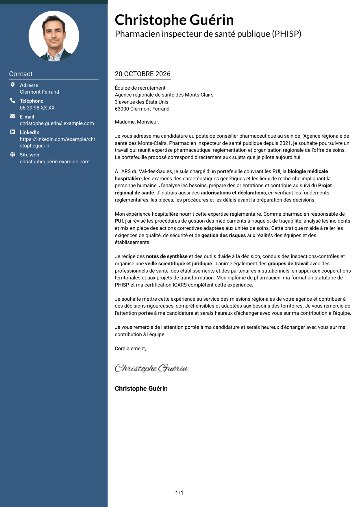 Lettre de motivation Élégant (format à colonne latérale colorée avec photo) : Conseiller pharmaceutique - PUI et biologie médicale, page 1