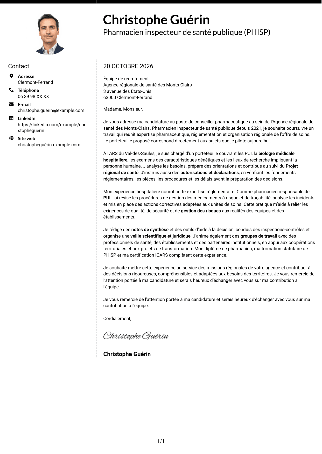 Lettre de motivation Moderne (format à deux colonnes avec photo à gauche et séparateur) : Conseiller pharmaceutique - PUI et biologie médicale, page 1