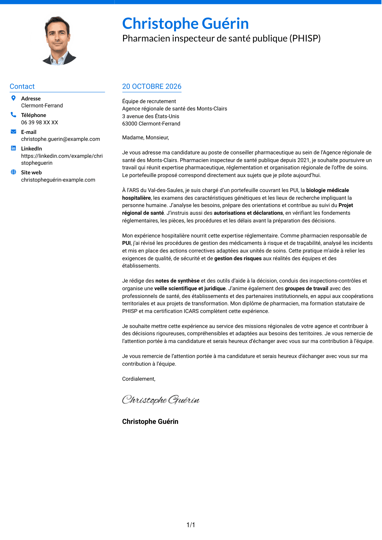 Lettre de motivation Audacieux (format à deux colonnes avec accents colorés et photo) : Conseiller pharmaceutique - PUI et biologie médicale, page 1