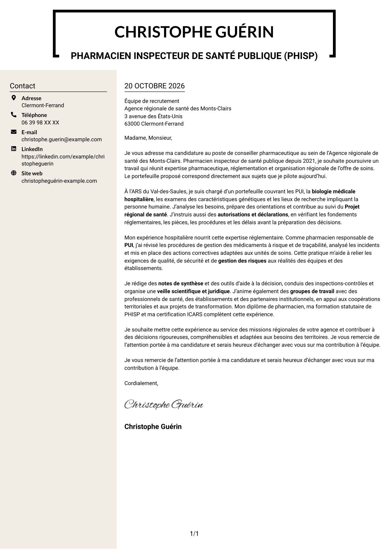 Lettre de motivation Fonceur (format à deux colonnes avec en-tête centré sans photo) : Conseiller pharmaceutique - PUI et biologie médicale, page 1