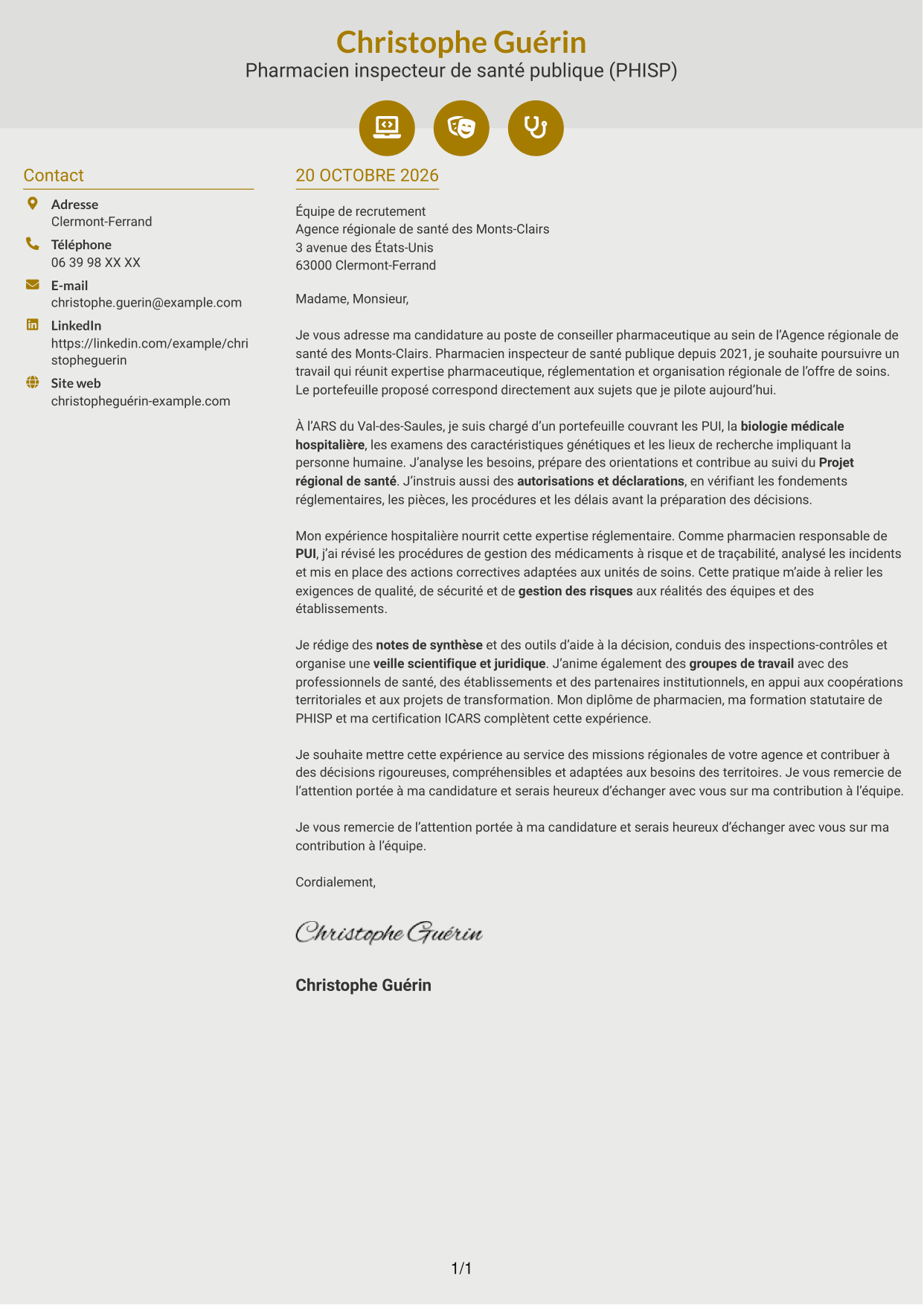 Lettre de motivation Dynamique (format à deux colonnes avec icônes) : Conseiller pharmaceutique - PUI et biologie médicale, page 1