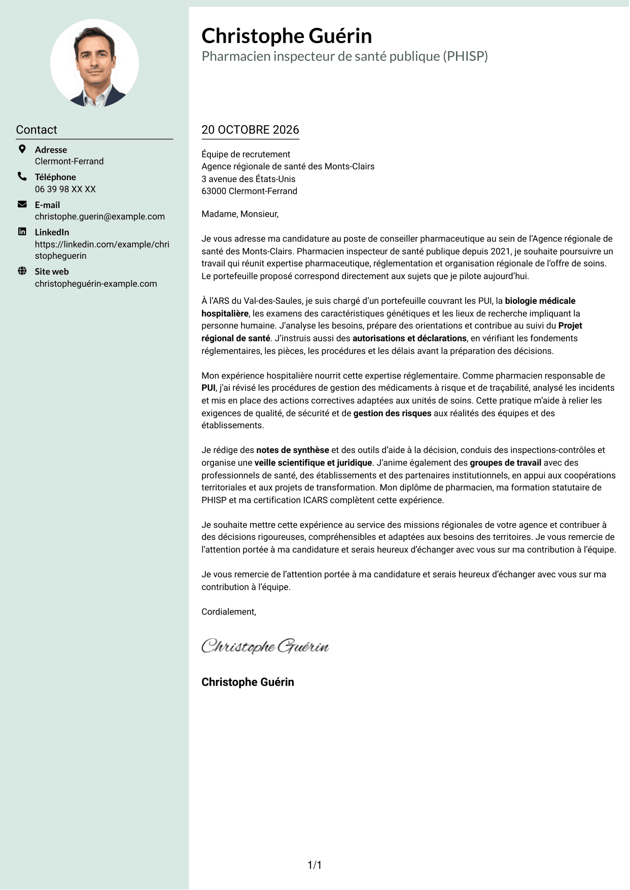 Lettre de motivation Cadre (format à colonne latérale douce avec photo arrondie) : Conseiller pharmaceutique - PUI et biologie médicale, page 1