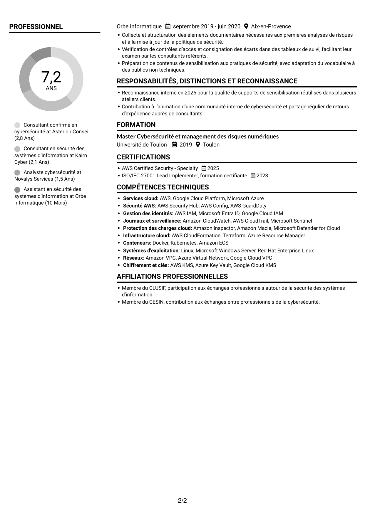 CV Compact (format sobre à deux colonnes avec photo) : Consultant confirmé en cybersécurité - Sécurité cloud, page 2