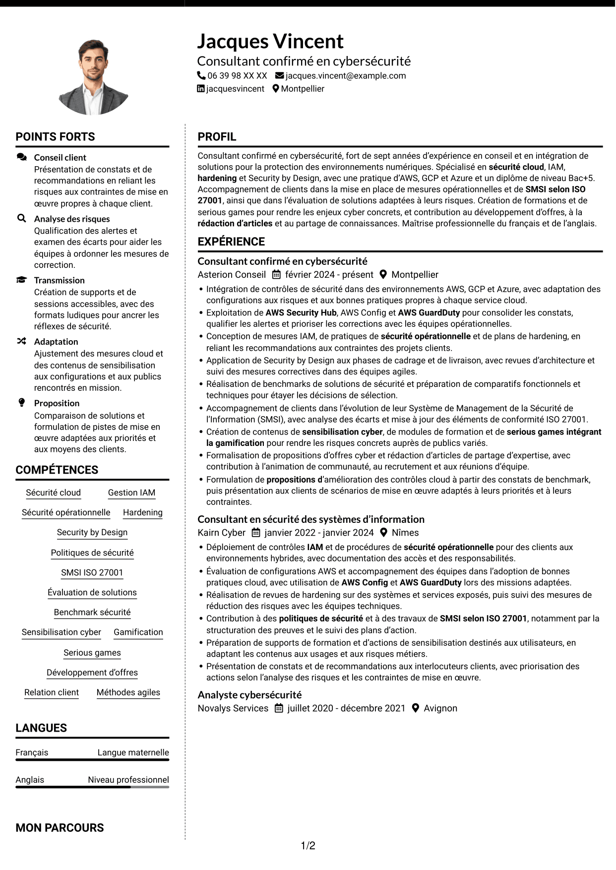 CV Moderne (format à deux colonnes avec photo à gauche et séparateur) : Consultant confirmé en cybersécurité - Sécurité cloud, page 1