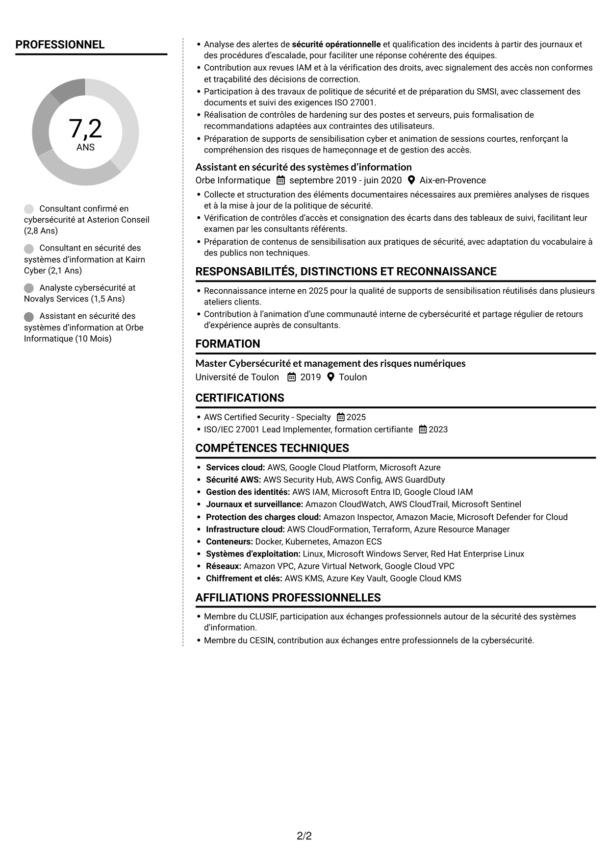 CV Moderne (format à deux colonnes avec photo à gauche et séparateur) : Consultant confirmé en cybersécurité - Sécurité cloud, page 2