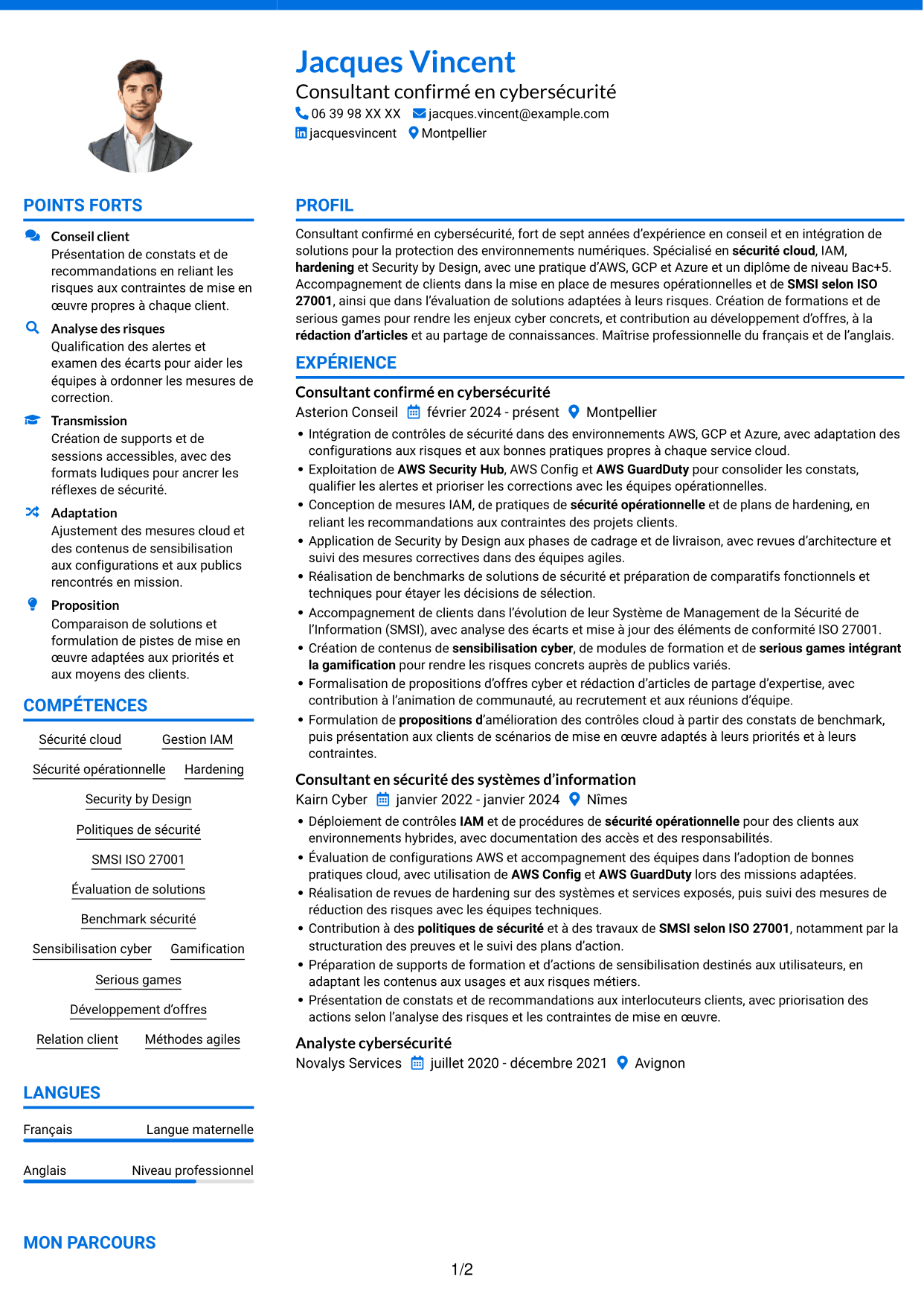 CV Audacieux (format à deux colonnes avec accents colorés et photo) : Consultant confirmé en cybersécurité - Sécurité cloud, page 1