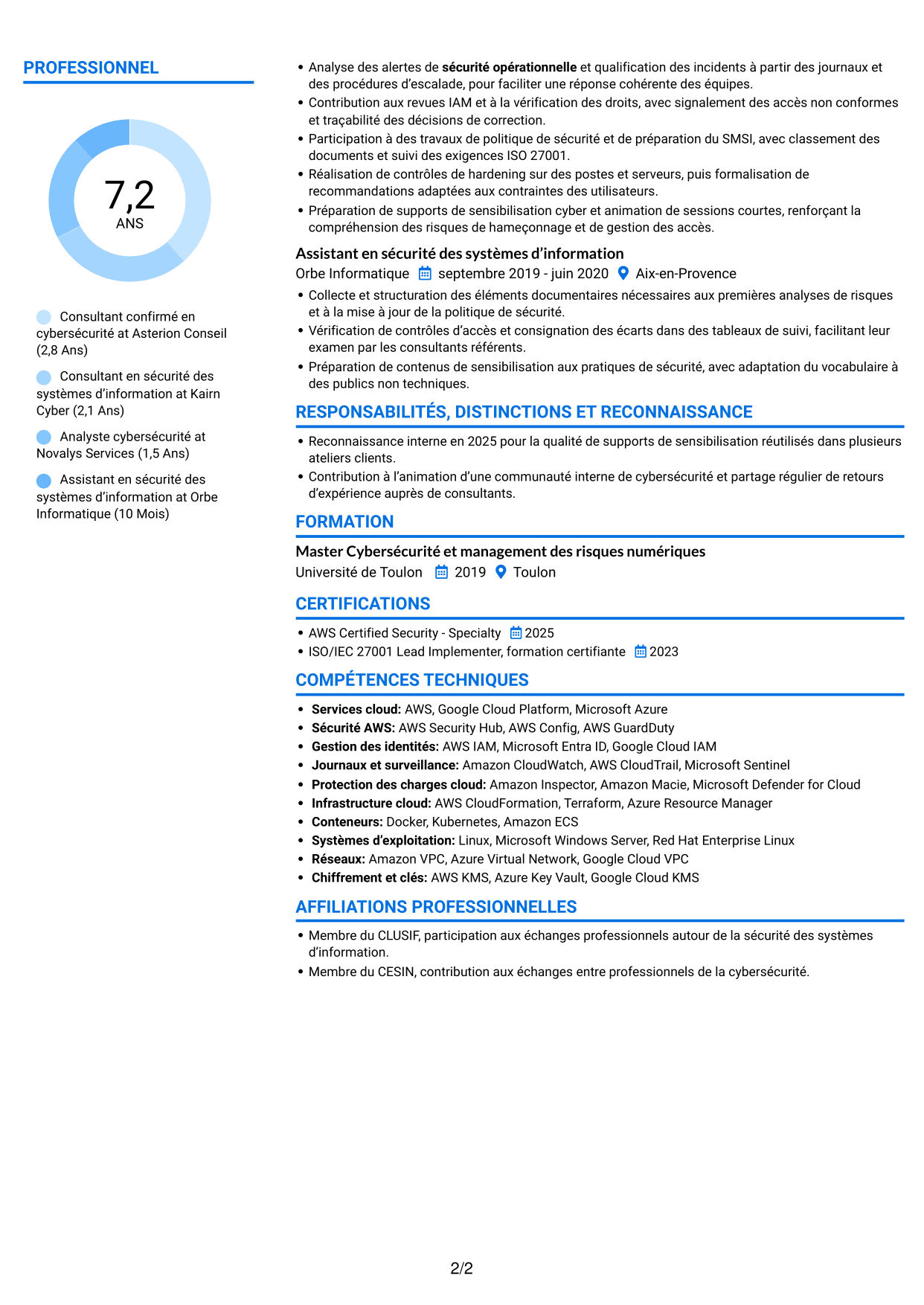 CV Audacieux (format à deux colonnes avec accents colorés et photo) : Consultant confirmé en cybersécurité - Sécurité cloud, page 2