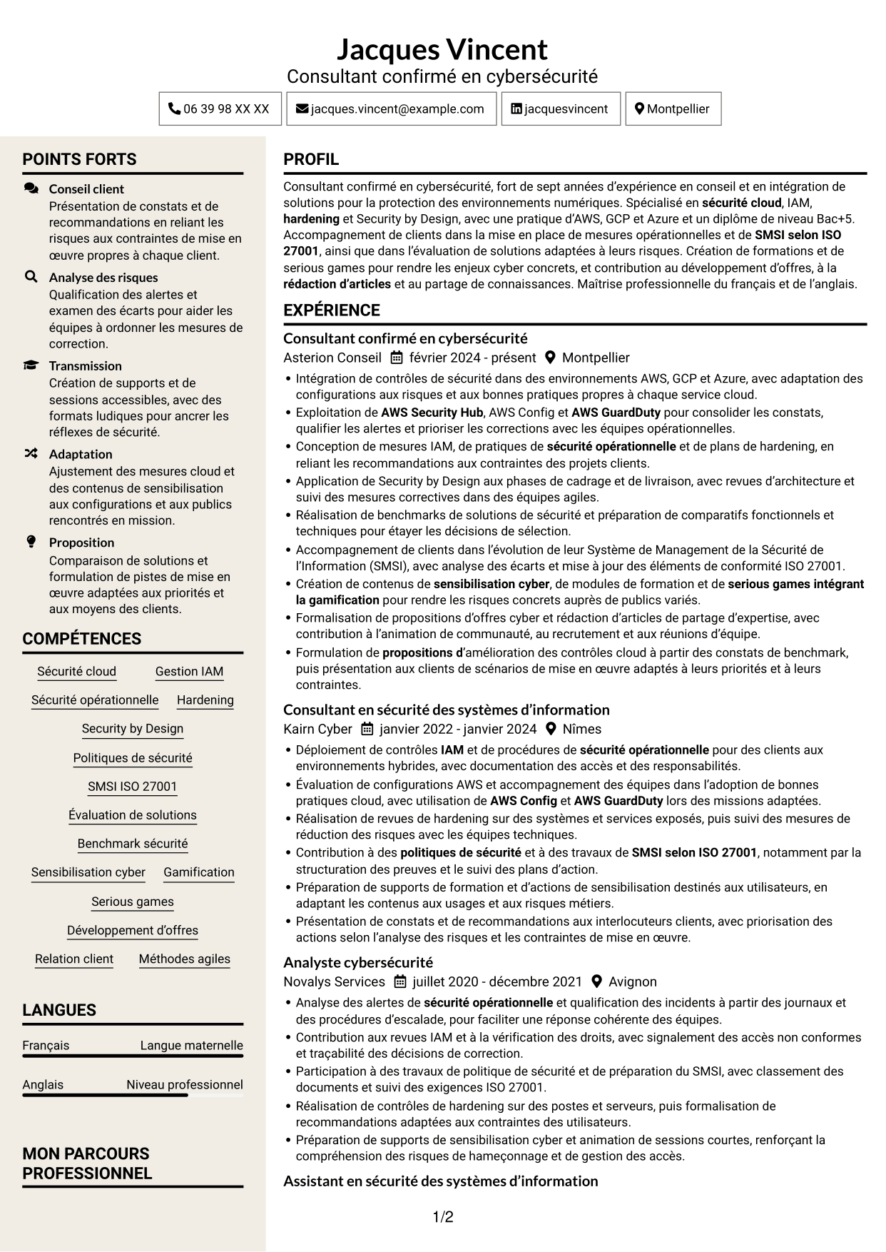CV Fonceur (format à deux colonnes avec en-tête centré sans photo) : Consultant confirmé en cybersécurité - Sécurité cloud, page 1