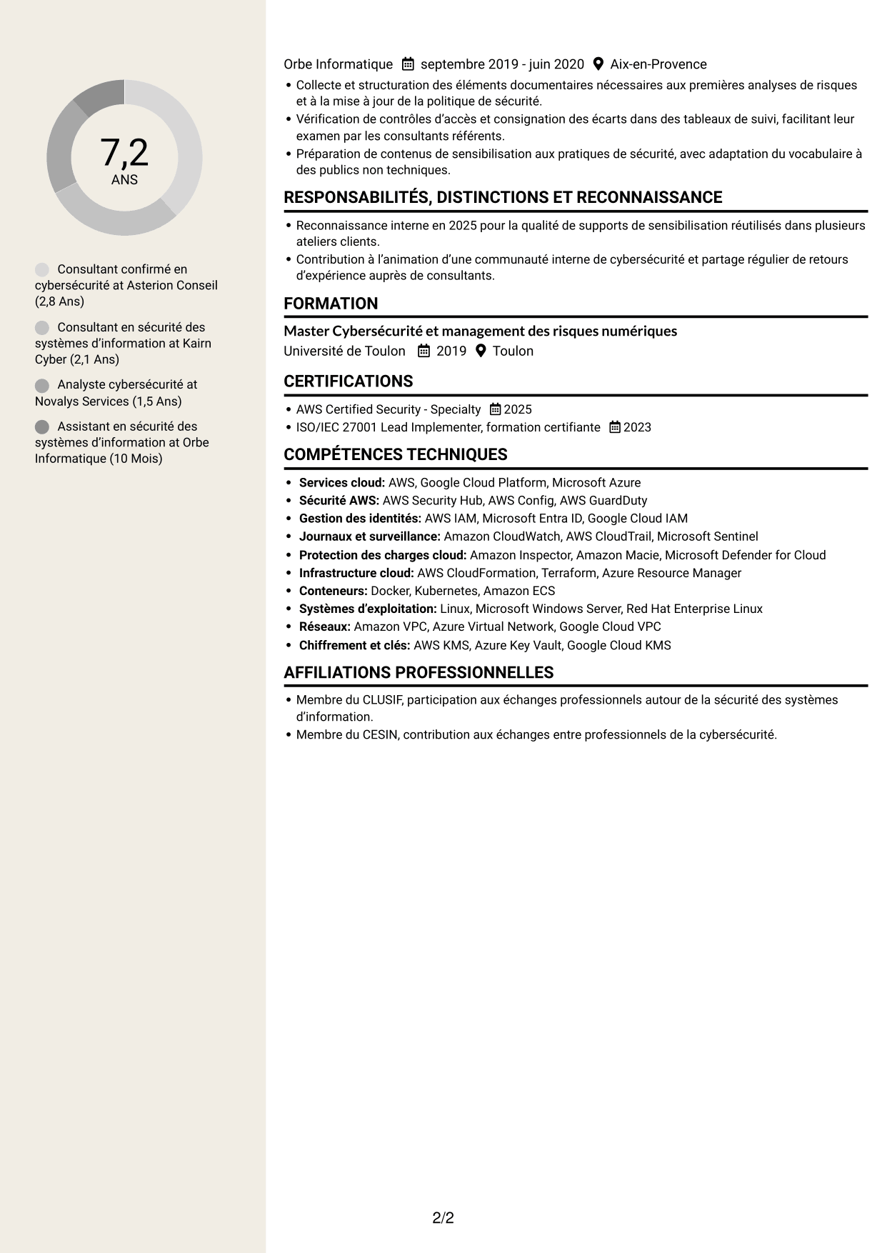 CV Fonceur (format à deux colonnes avec en-tête centré sans photo) : Consultant confirmé en cybersécurité - Sécurité cloud, page 2