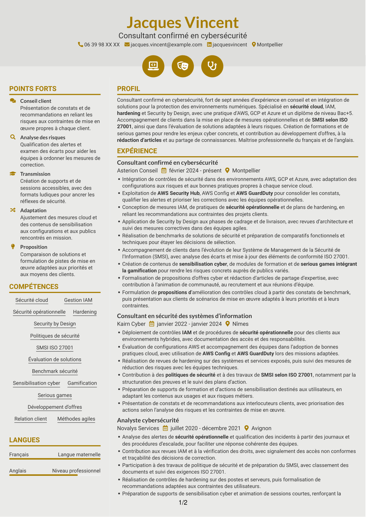 CV Dynamique (format à deux colonnes avec icônes) : Consultant confirmé en cybersécurité - Sécurité cloud, page 1