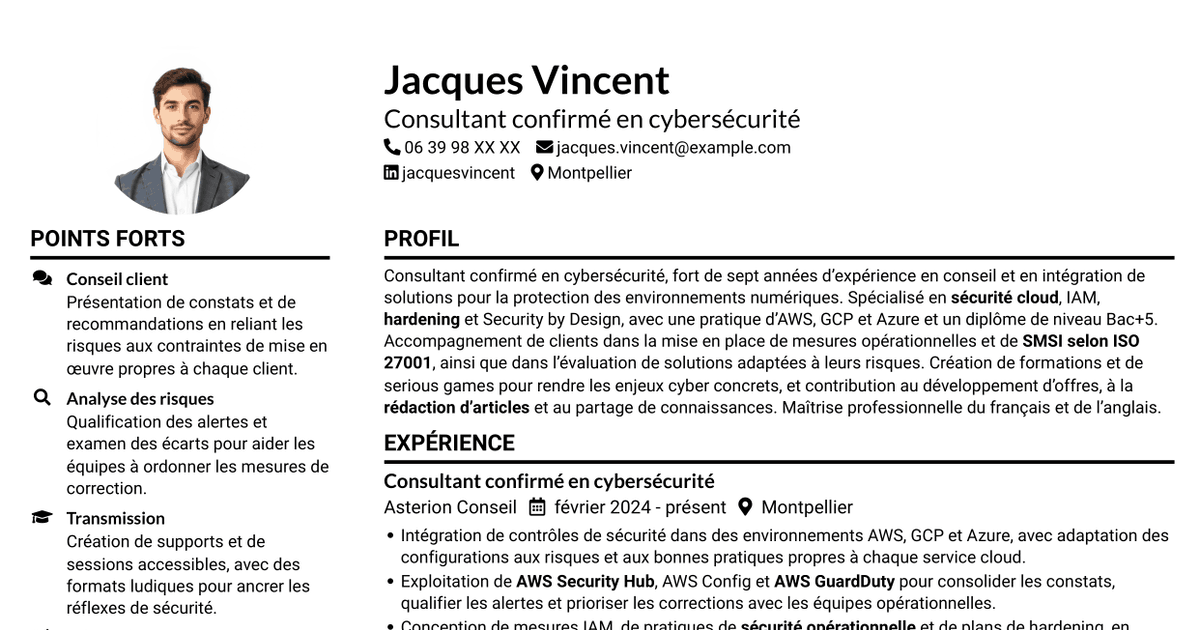 7 modèles de CV pour Consultant confirmé en cybersécurité - Sécurité cloud, avec exemples