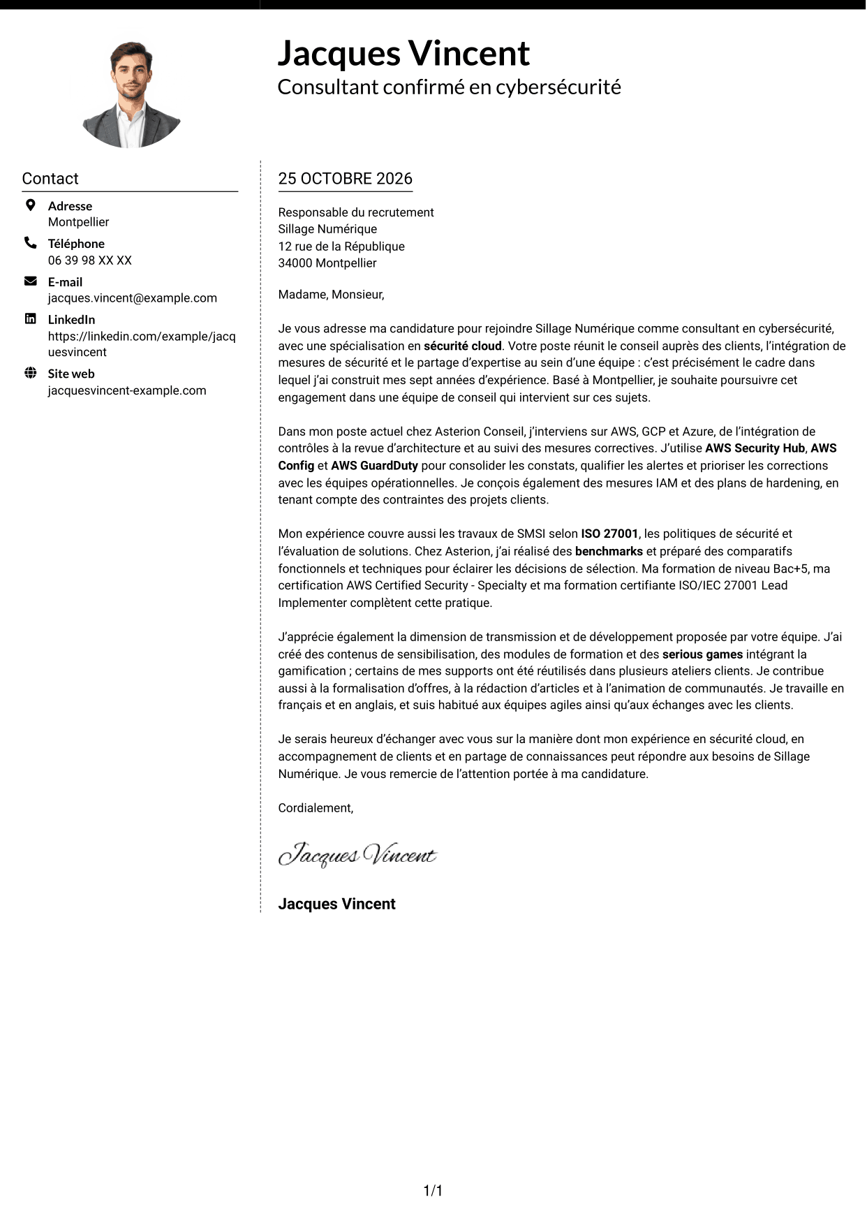 Lettre de motivation Moderne (format à deux colonnes avec photo à gauche et séparateur) : Consultant confirmé en cybersécurité - Sécurité cloud, page 1