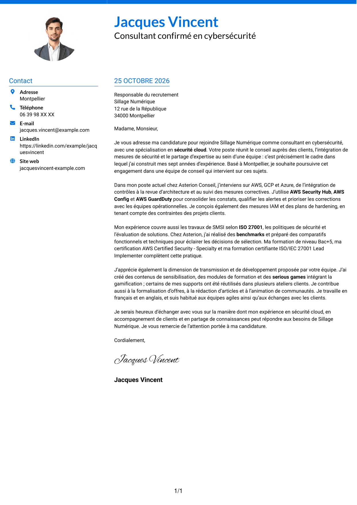 Lettre de motivation Audacieux (format à deux colonnes avec accents colorés et photo) : Consultant confirmé en cybersécurité - Sécurité cloud, page 1