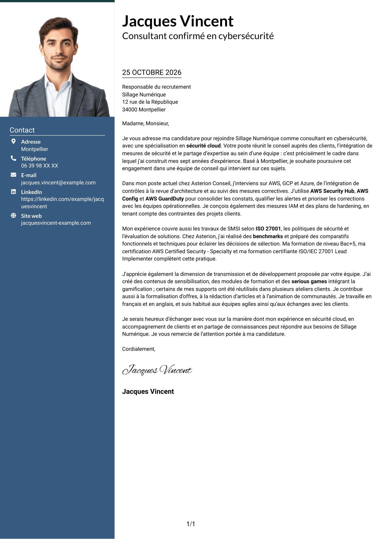 Lettre de motivation Signature (format à colonne latérale colorée avec grande photo) : Consultant confirmé en cybersécurité - Sécurité cloud, page 1