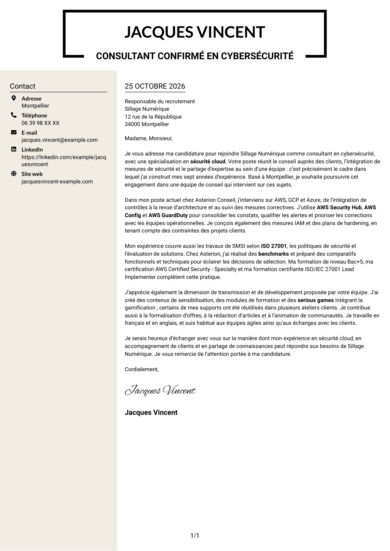 Lettre de motivation Fonceur (format à deux colonnes avec en-tête centré sans photo) : Consultant confirmé en cybersécurité - Sécurité cloud, page 1