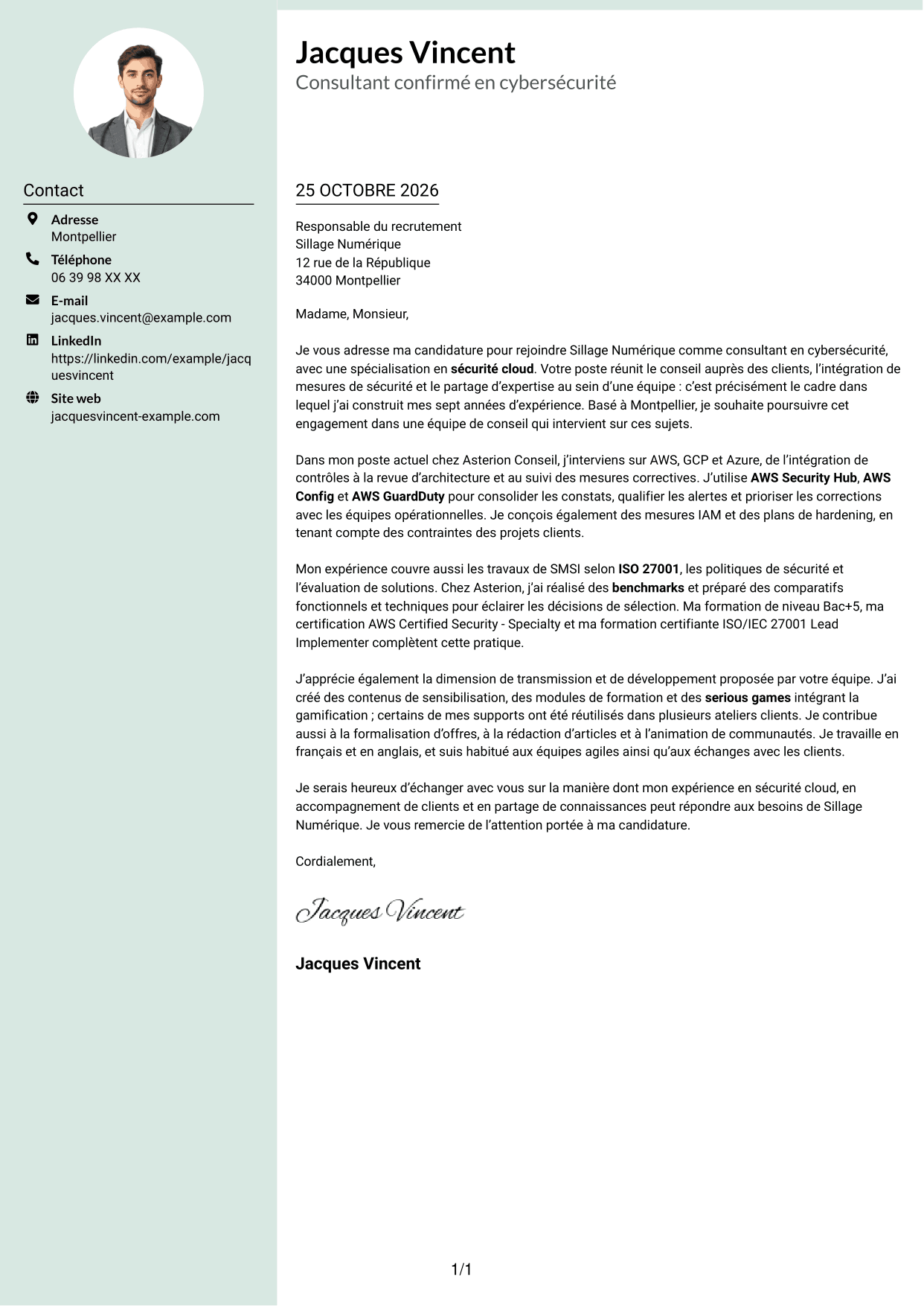 Lettre de motivation Cadre (format à colonne latérale douce avec photo arrondie) : Consultant confirmé en cybersécurité - Sécurité cloud, page 1