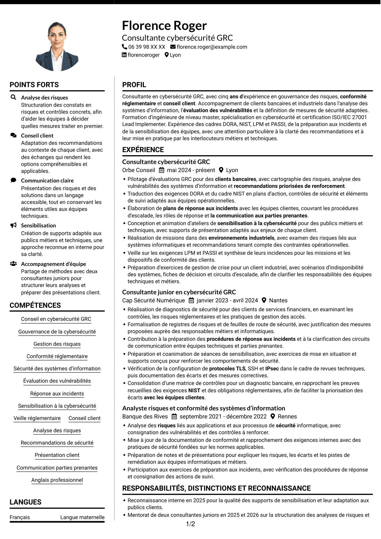 CV Moderne (format à deux colonnes avec photo à gauche et séparateur) : Consultant cybersécurité GRC, page 1