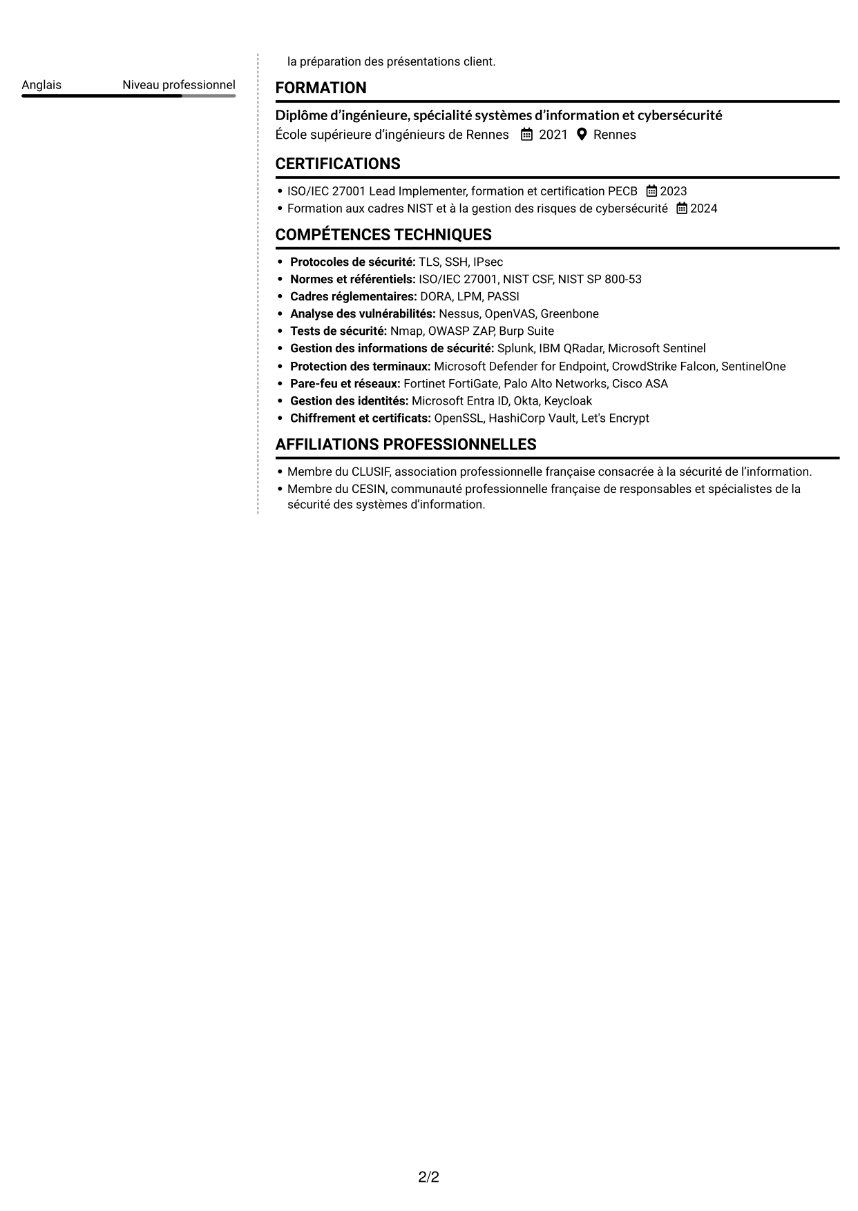 CV Moderne (format à deux colonnes avec photo à gauche et séparateur) : Consultant cybersécurité GRC, page 2