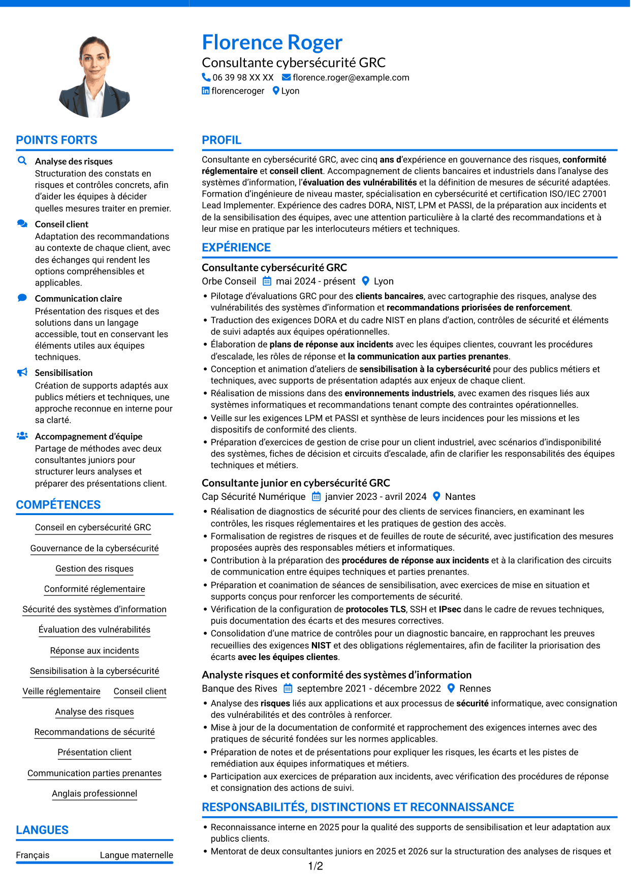 CV Audacieux (format à deux colonnes avec accents colorés et photo) : Consultant cybersécurité GRC, page 1