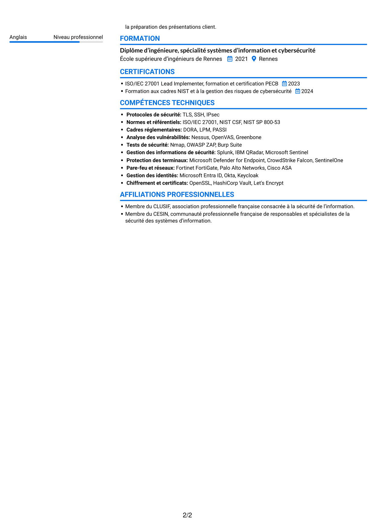 CV Audacieux (format à deux colonnes avec accents colorés et photo) : Consultant cybersécurité GRC, page 2