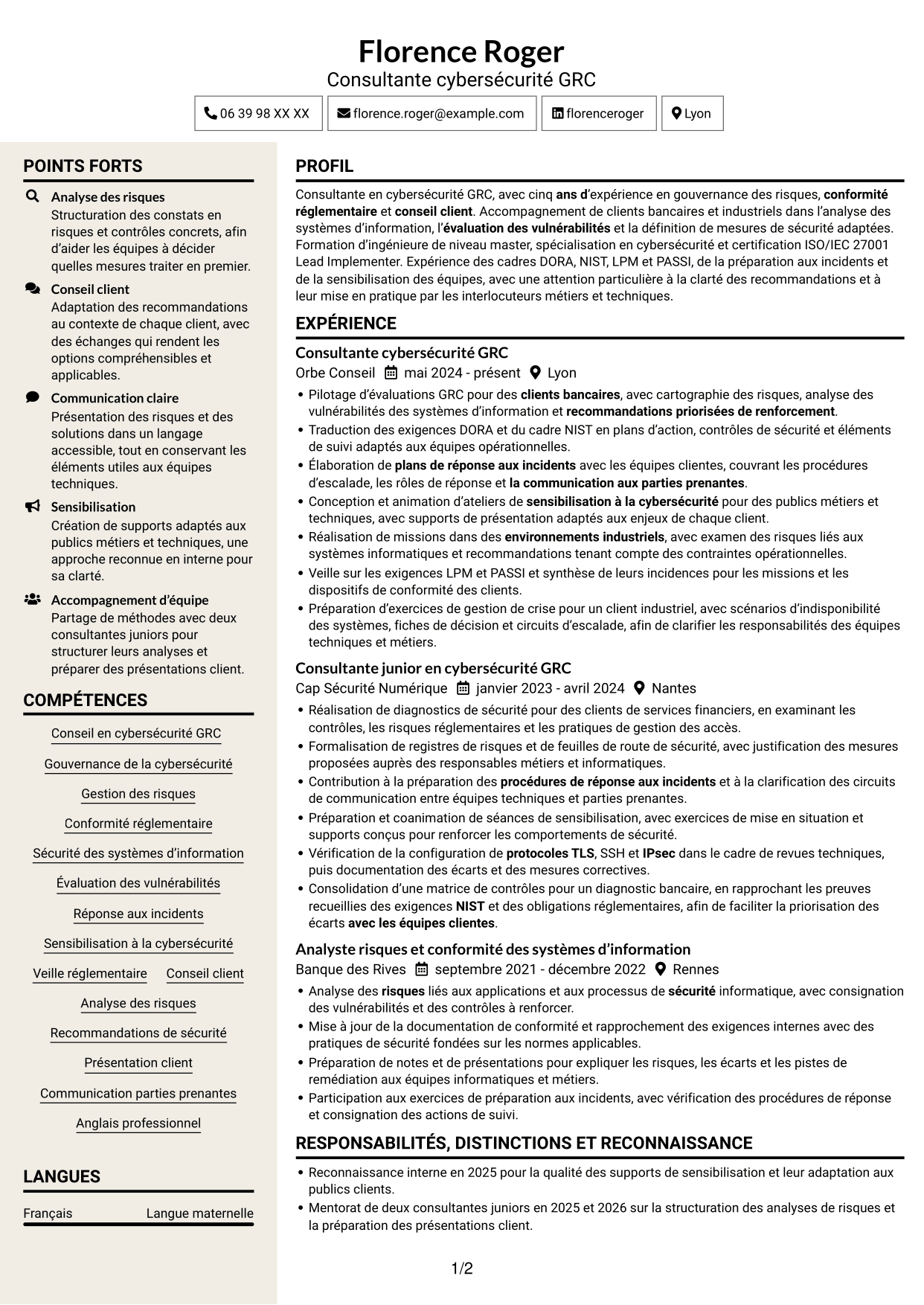 CV Fonceur (format à deux colonnes avec en-tête centré sans photo) : Consultant cybersécurité GRC, page 1