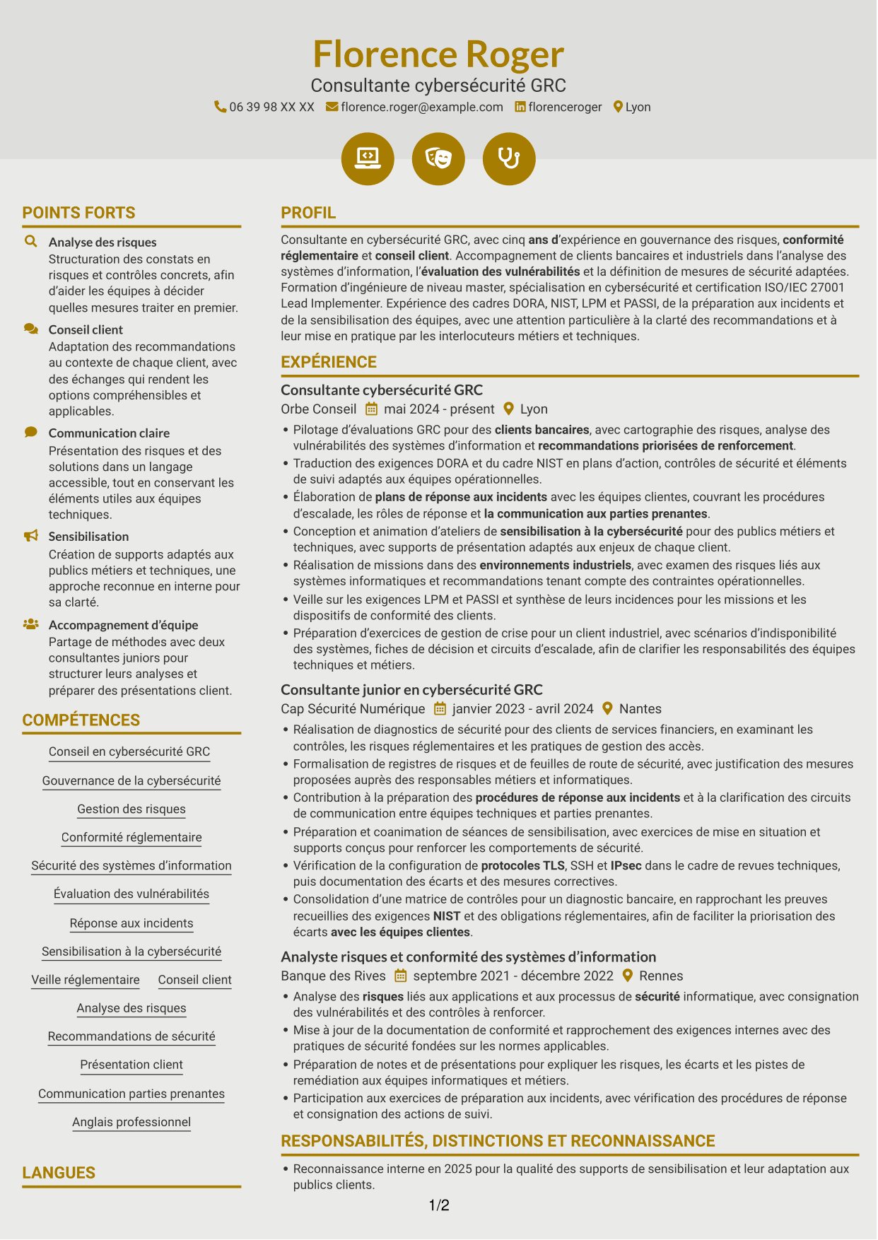 CV Dynamique (format à deux colonnes avec icônes) : Consultant cybersécurité GRC, page 1