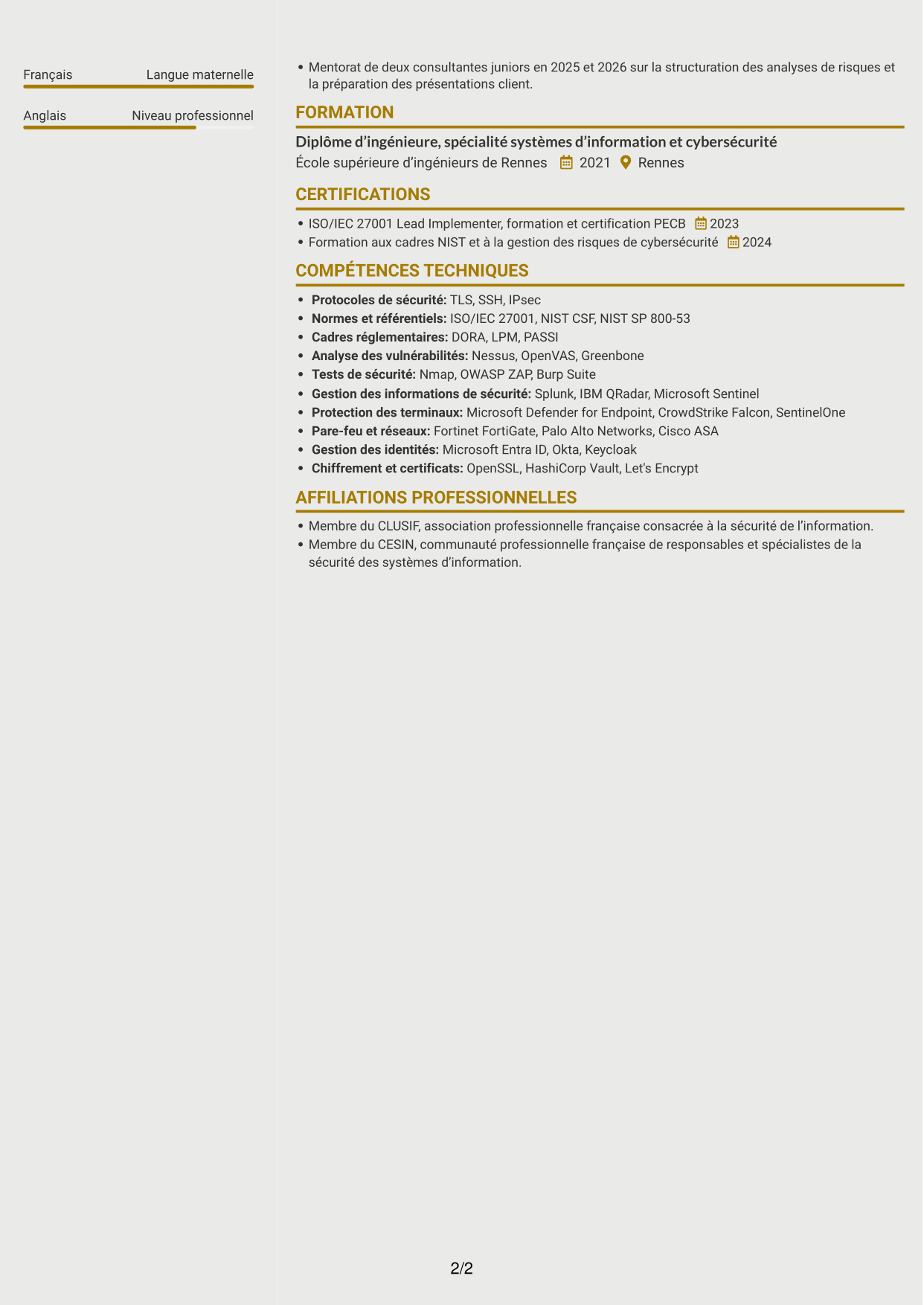 CV Dynamique (format à deux colonnes avec icônes) : Consultant cybersécurité GRC, page 2