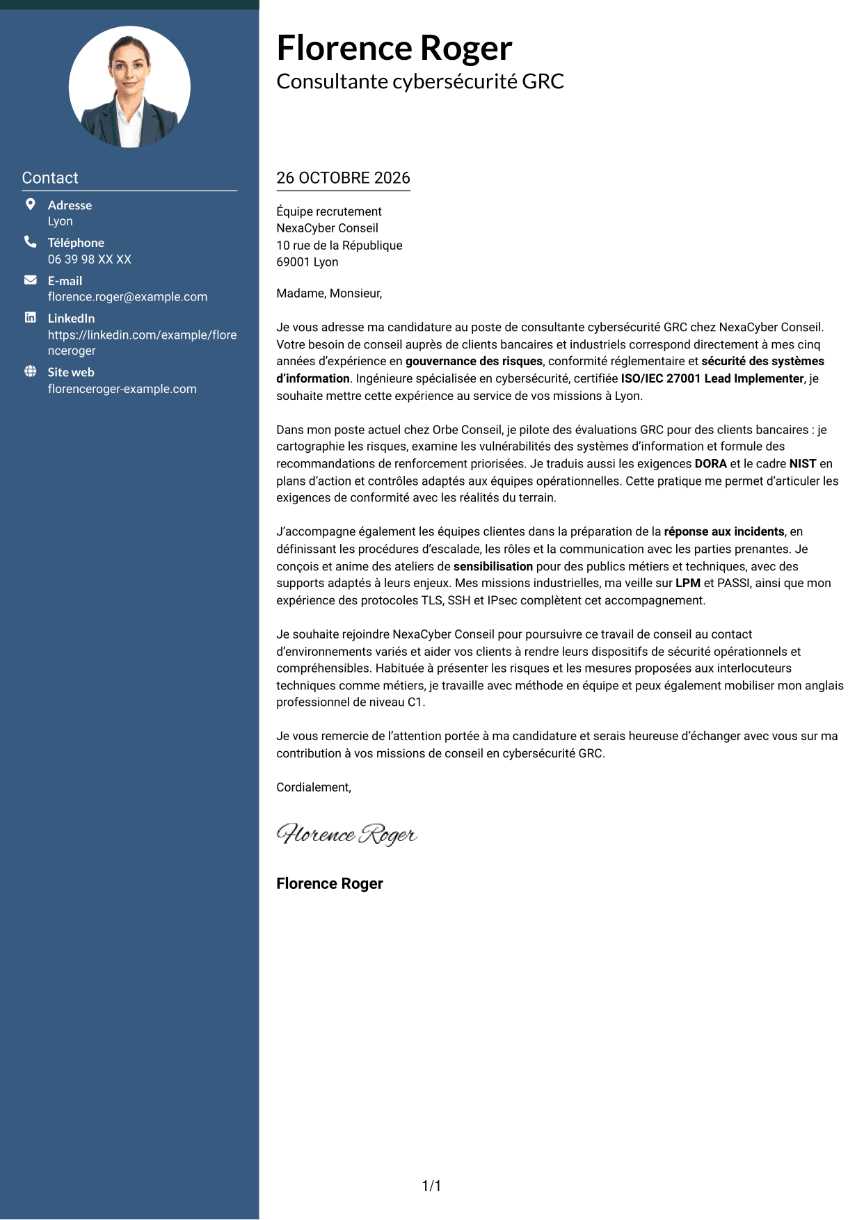 Lettre de motivation Élégant (format à colonne latérale colorée avec photo) : Consultant cybersécurité GRC, page 1