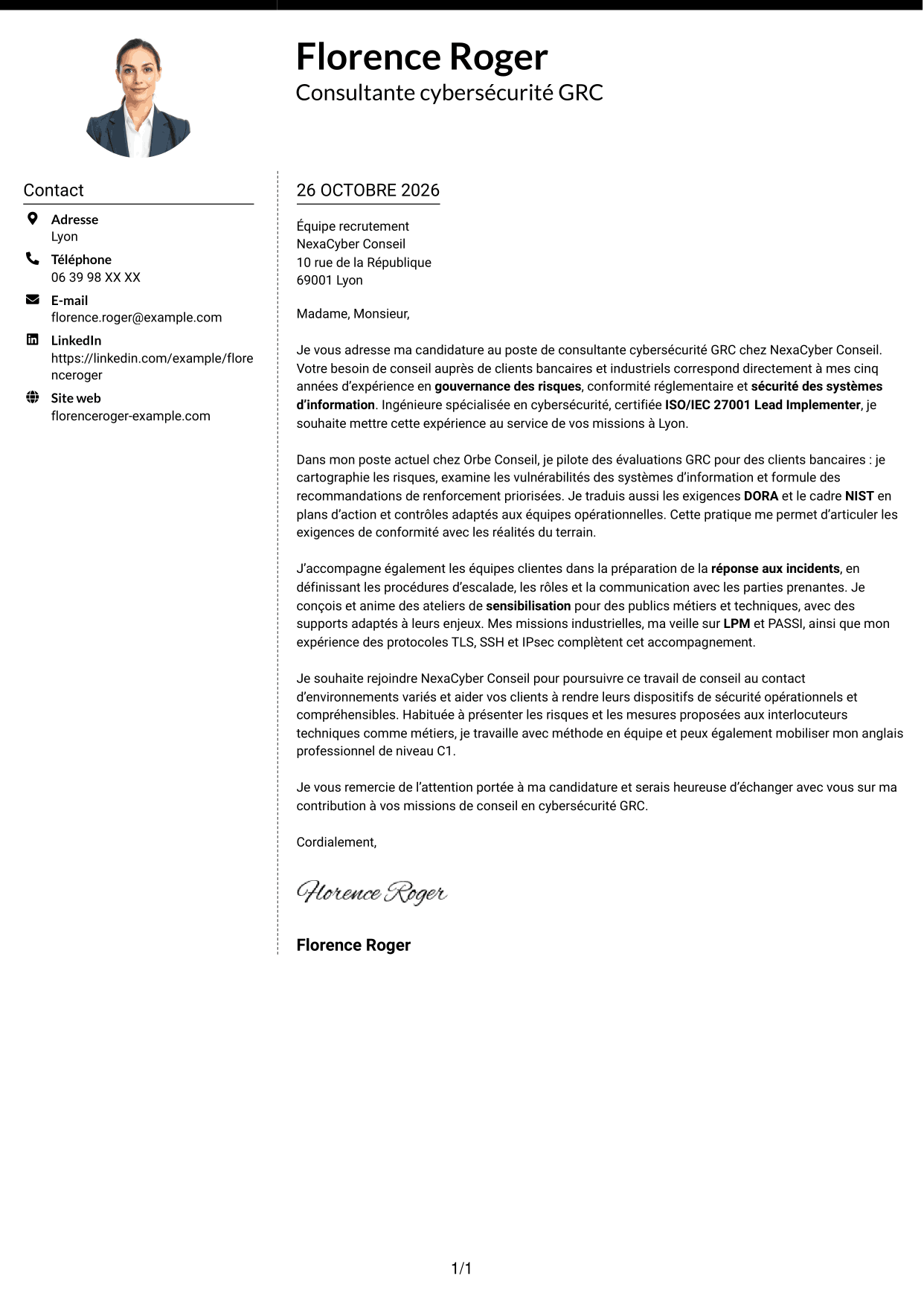 Lettre de motivation Moderne (format à deux colonnes avec photo à gauche et séparateur) : Consultant cybersécurité GRC, page 1