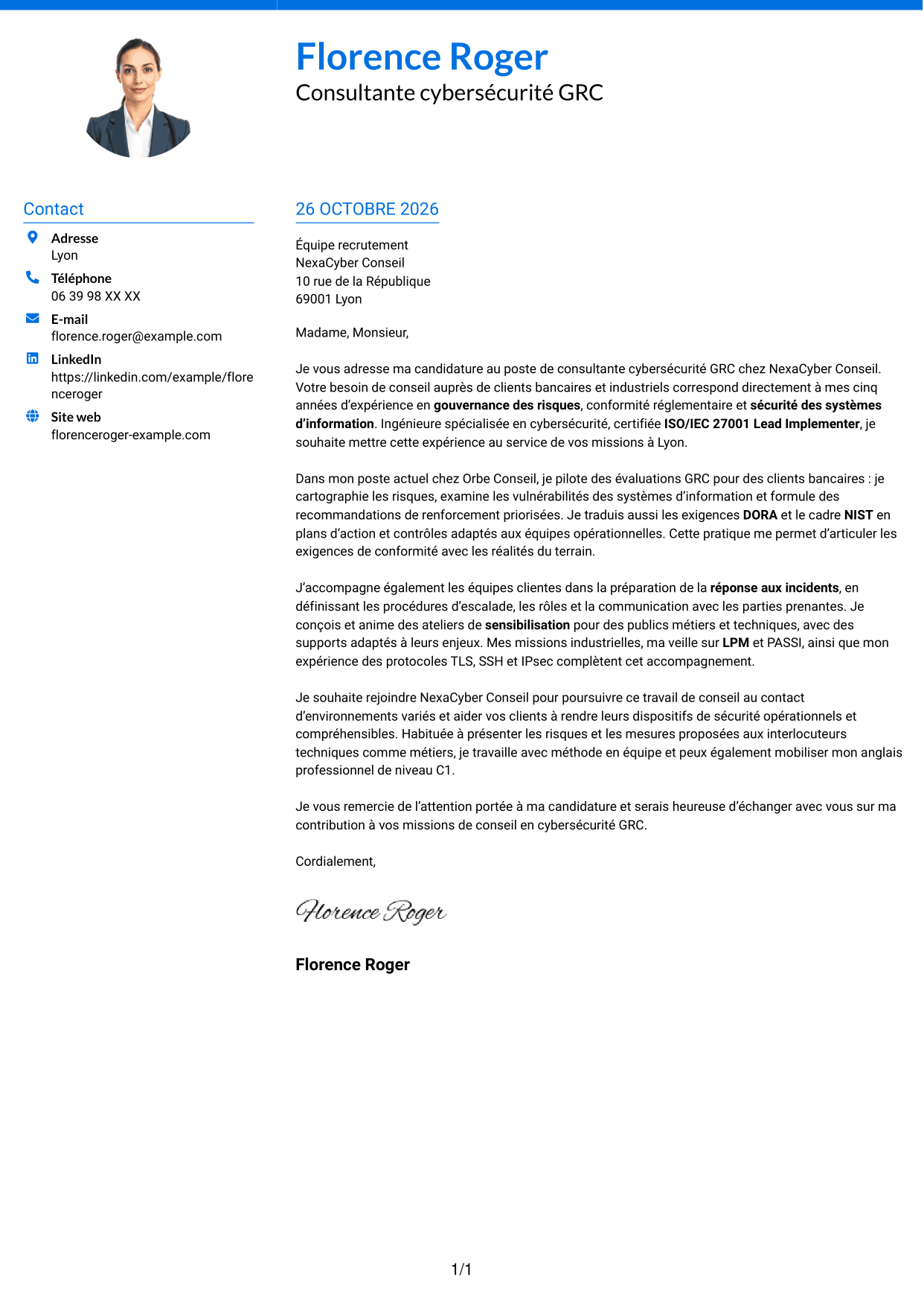 Lettre de motivation Audacieux (format à deux colonnes avec accents colorés et photo) : Consultant cybersécurité GRC, page 1