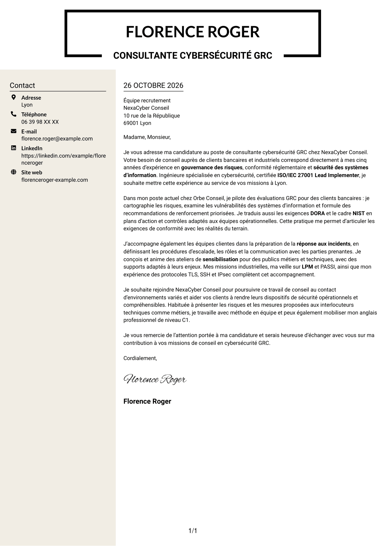 Lettre de motivation Fonceur (format à deux colonnes avec en-tête centré sans photo) : Consultant cybersécurité GRC, page 1