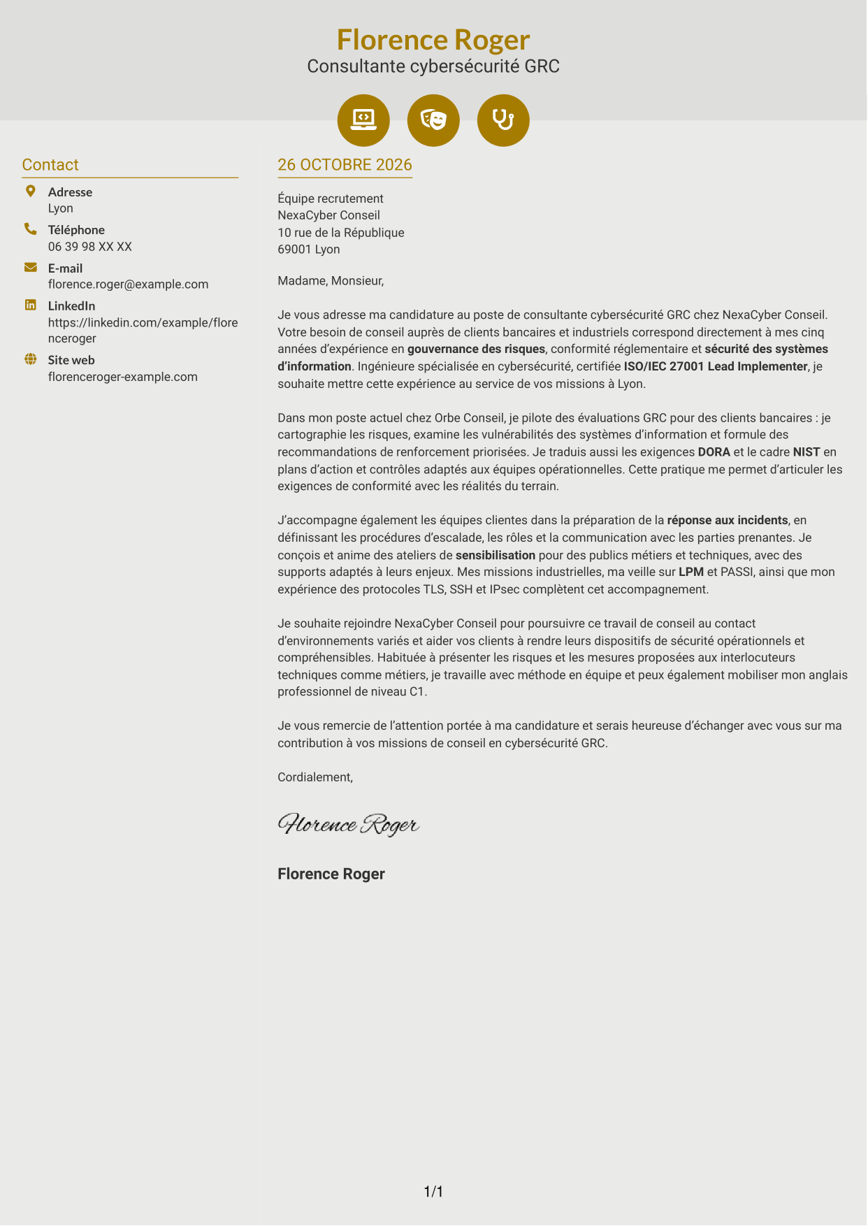 Lettre de motivation Dynamique (format à deux colonnes avec icônes) : Consultant cybersécurité GRC, page 1