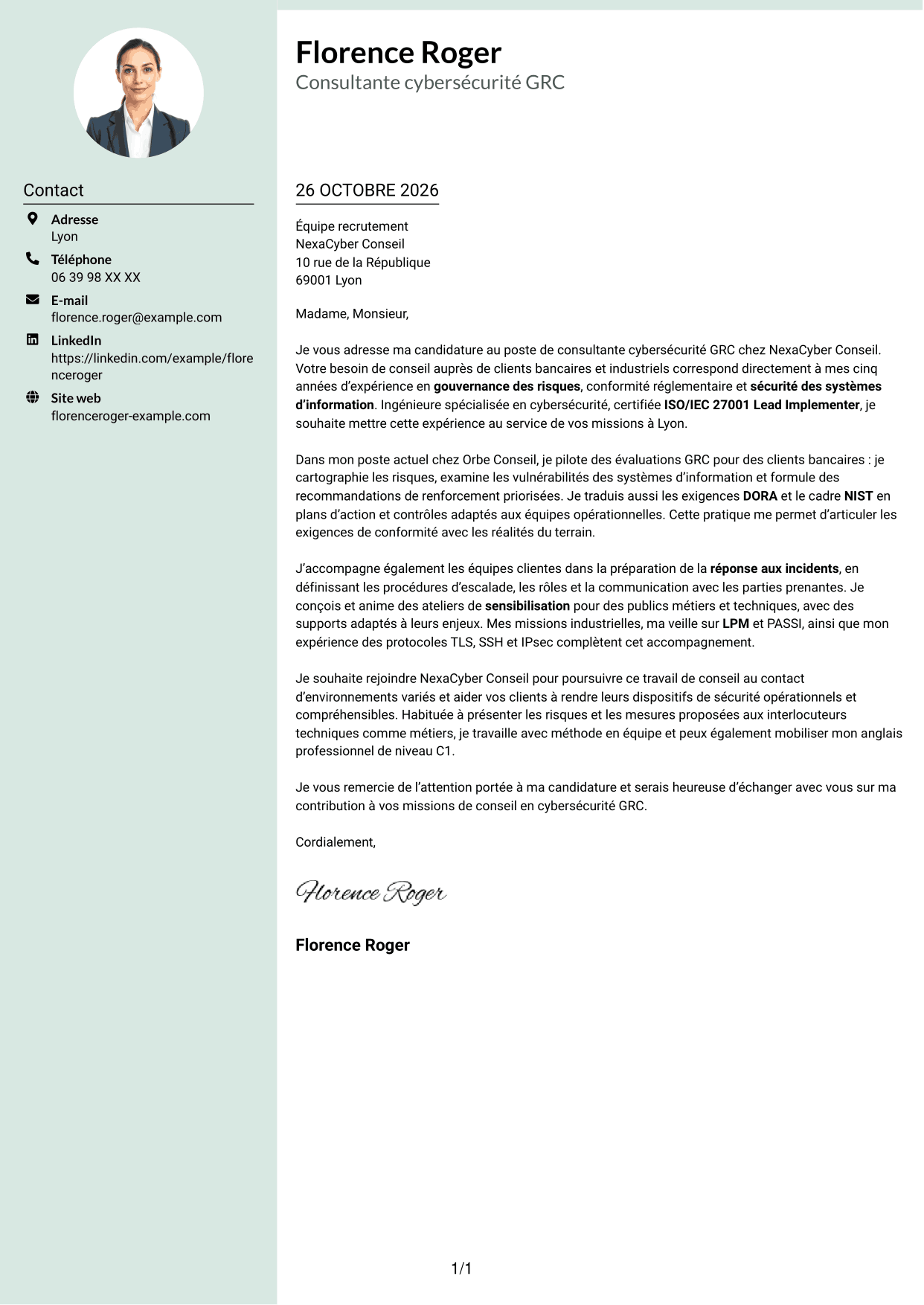 Lettre de motivation Cadre (format à colonne latérale douce avec photo arrondie) : Consultant cybersécurité GRC, page 1