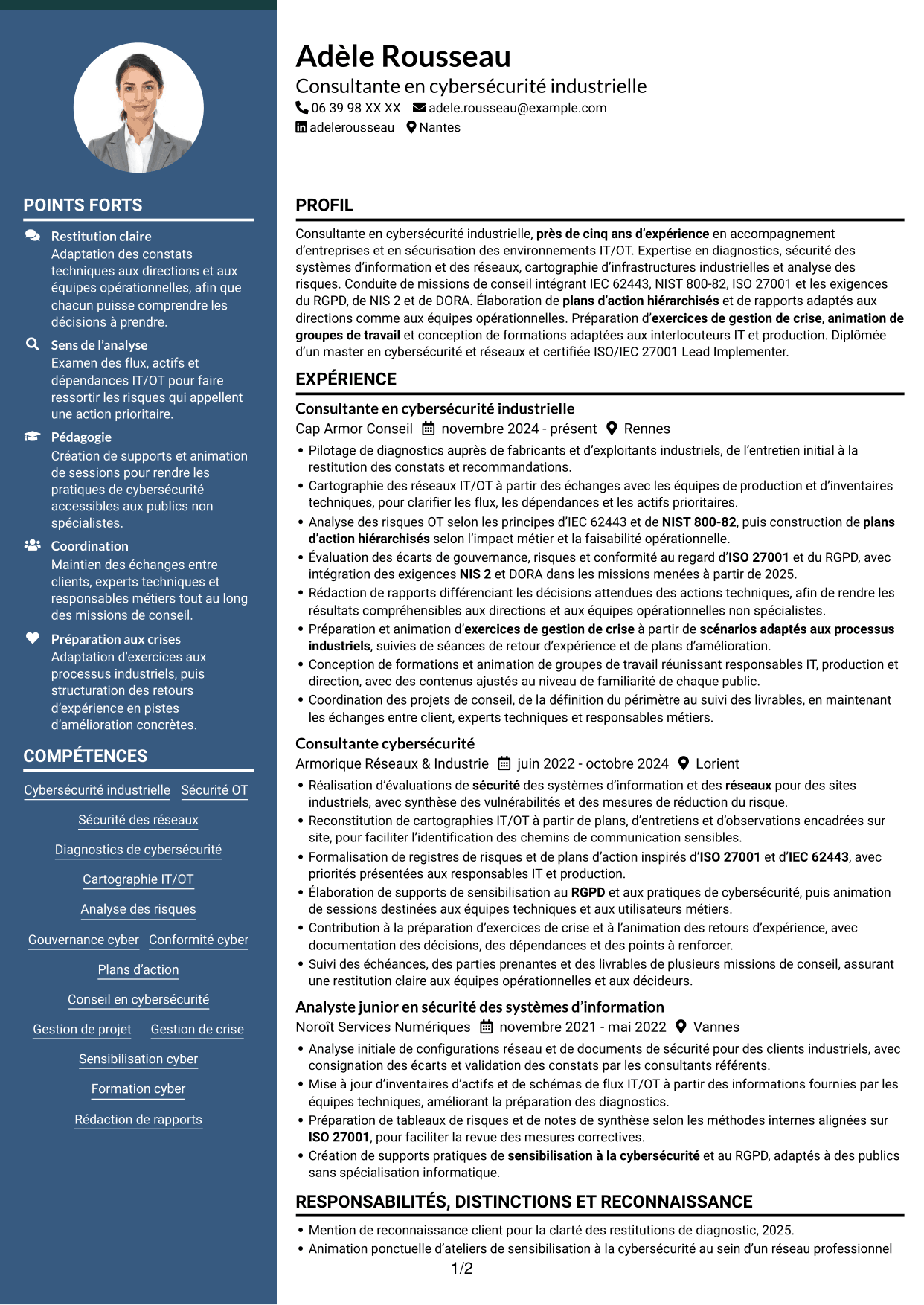CV Élégant (format à colonne latérale colorée avec photo) : Consultant·e en cybersécurité - Sécurité industrielle IT/OT, page 1
