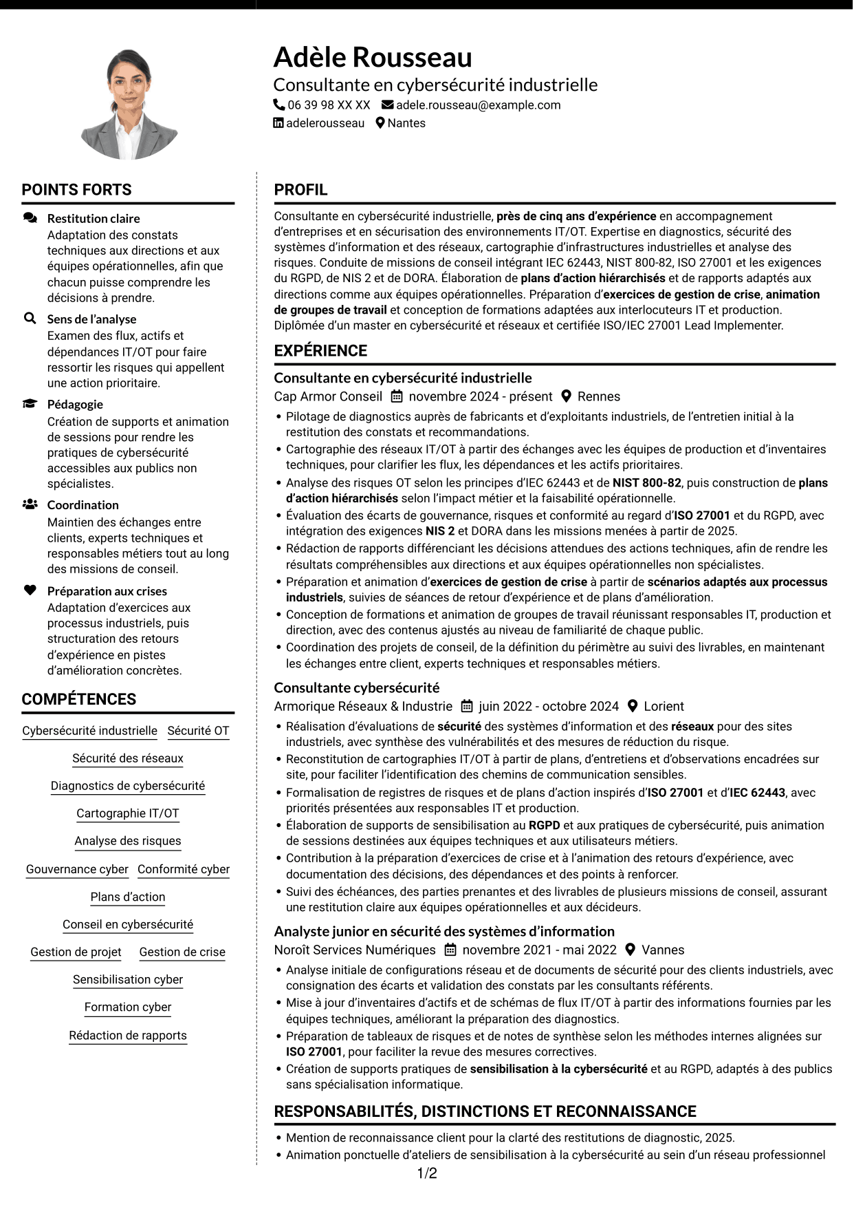 CV Moderne (format à deux colonnes avec photo à gauche et séparateur) : Consultant·e en cybersécurité - Sécurité industrielle IT/OT, page 1