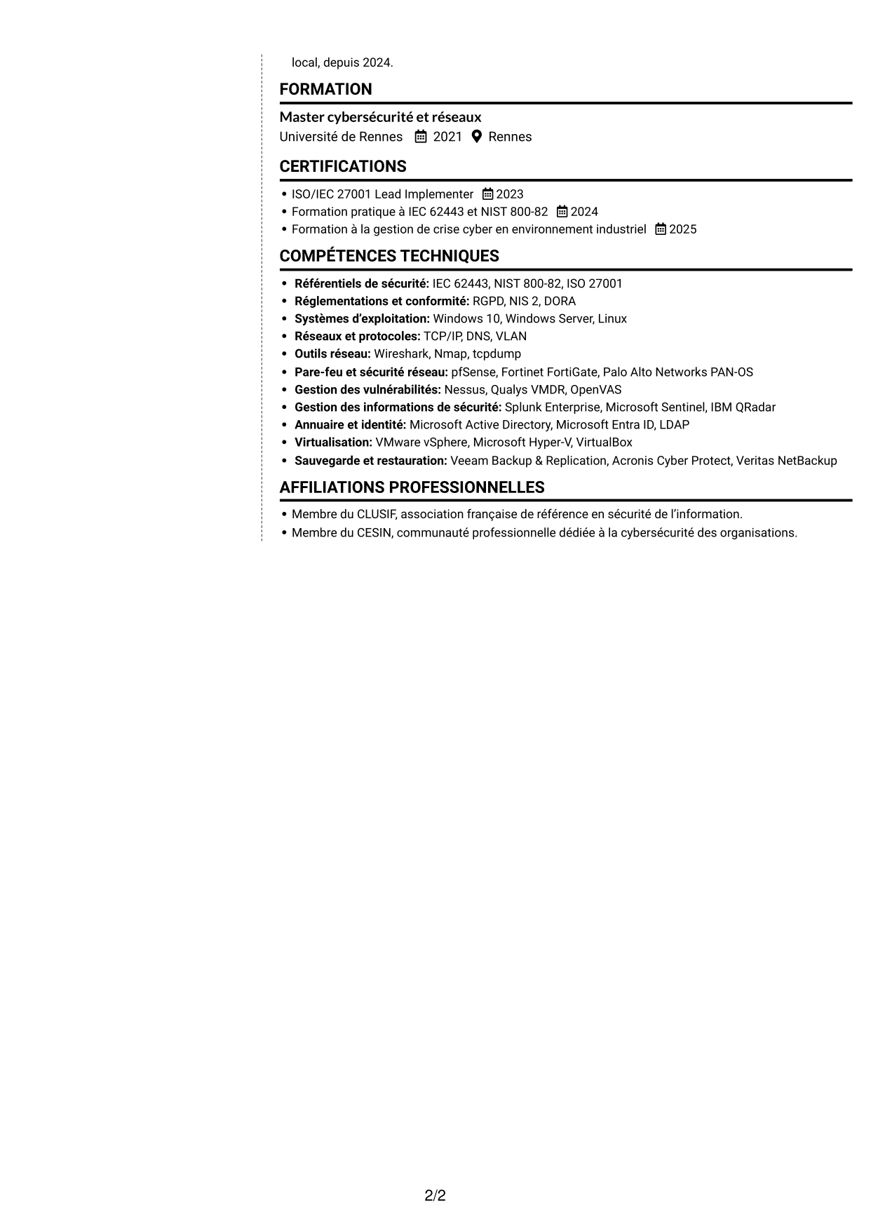 CV Moderne (format à deux colonnes avec photo à gauche et séparateur) : Consultant·e en cybersécurité - Sécurité industrielle IT/OT, page 2