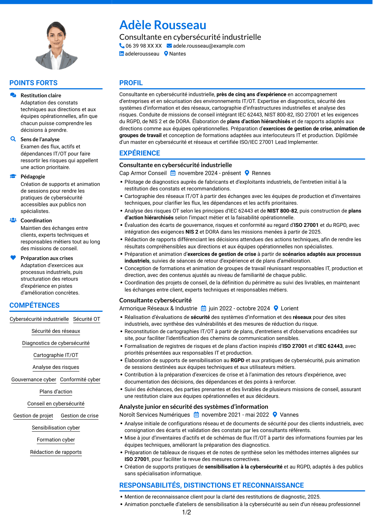 CV Audacieux (format à deux colonnes avec accents colorés et photo) : Consultant·e en cybersécurité - Sécurité industrielle IT/OT, page 1