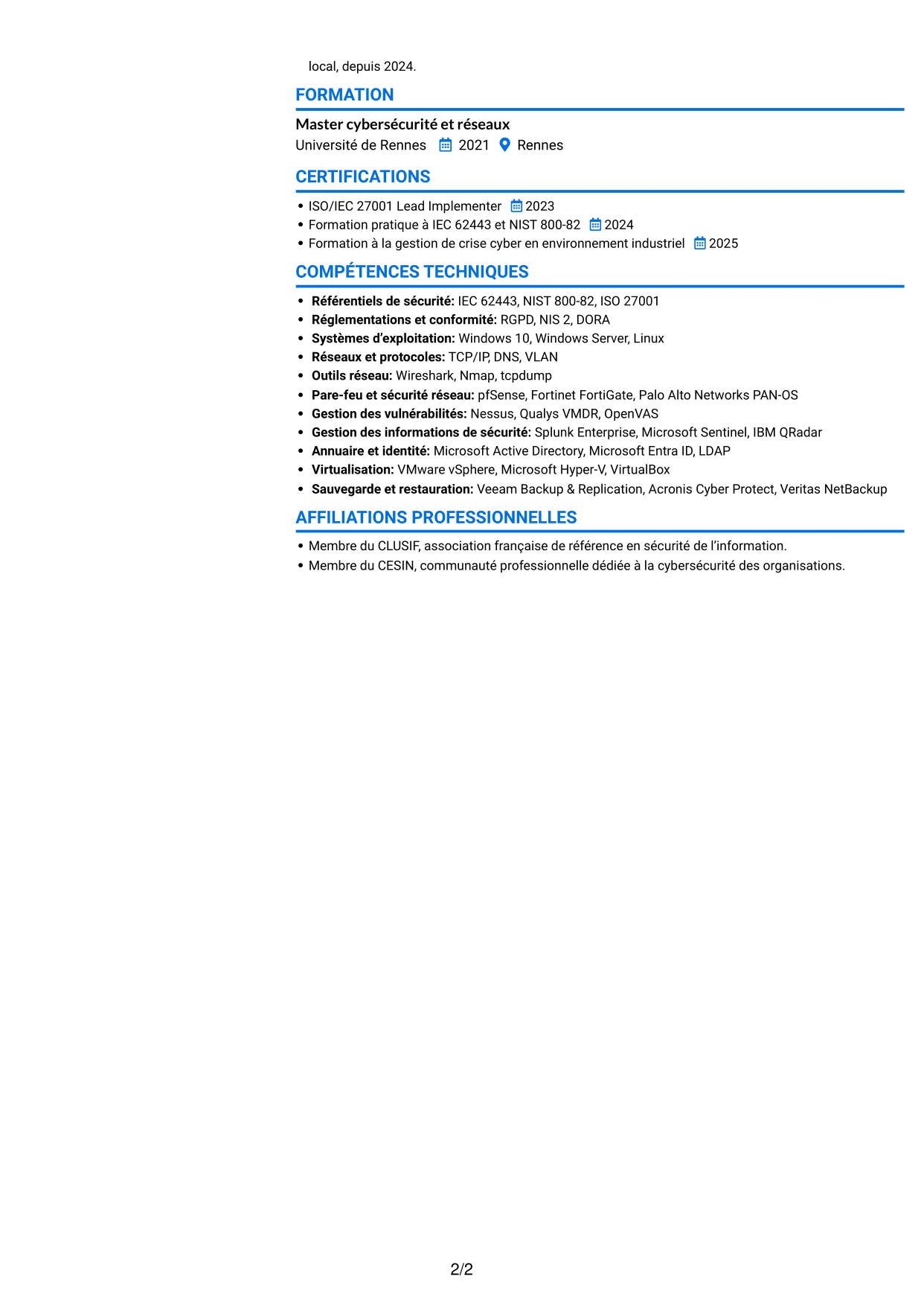 CV Audacieux (format à deux colonnes avec accents colorés et photo) : Consultant·e en cybersécurité - Sécurité industrielle IT/OT, page 2