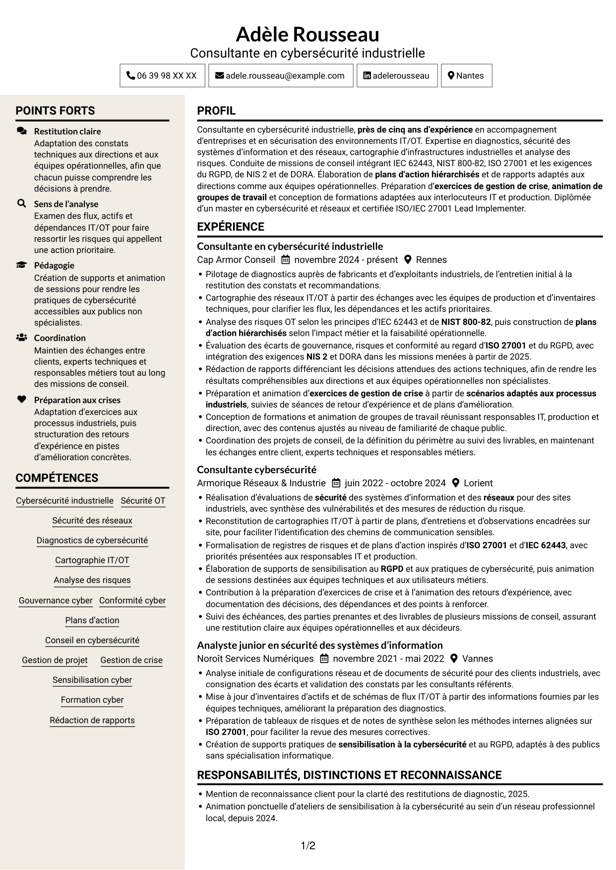 CV Fonceur (format à deux colonnes avec en-tête centré sans photo) : Consultant·e en cybersécurité - Sécurité industrielle IT/OT, page 1
