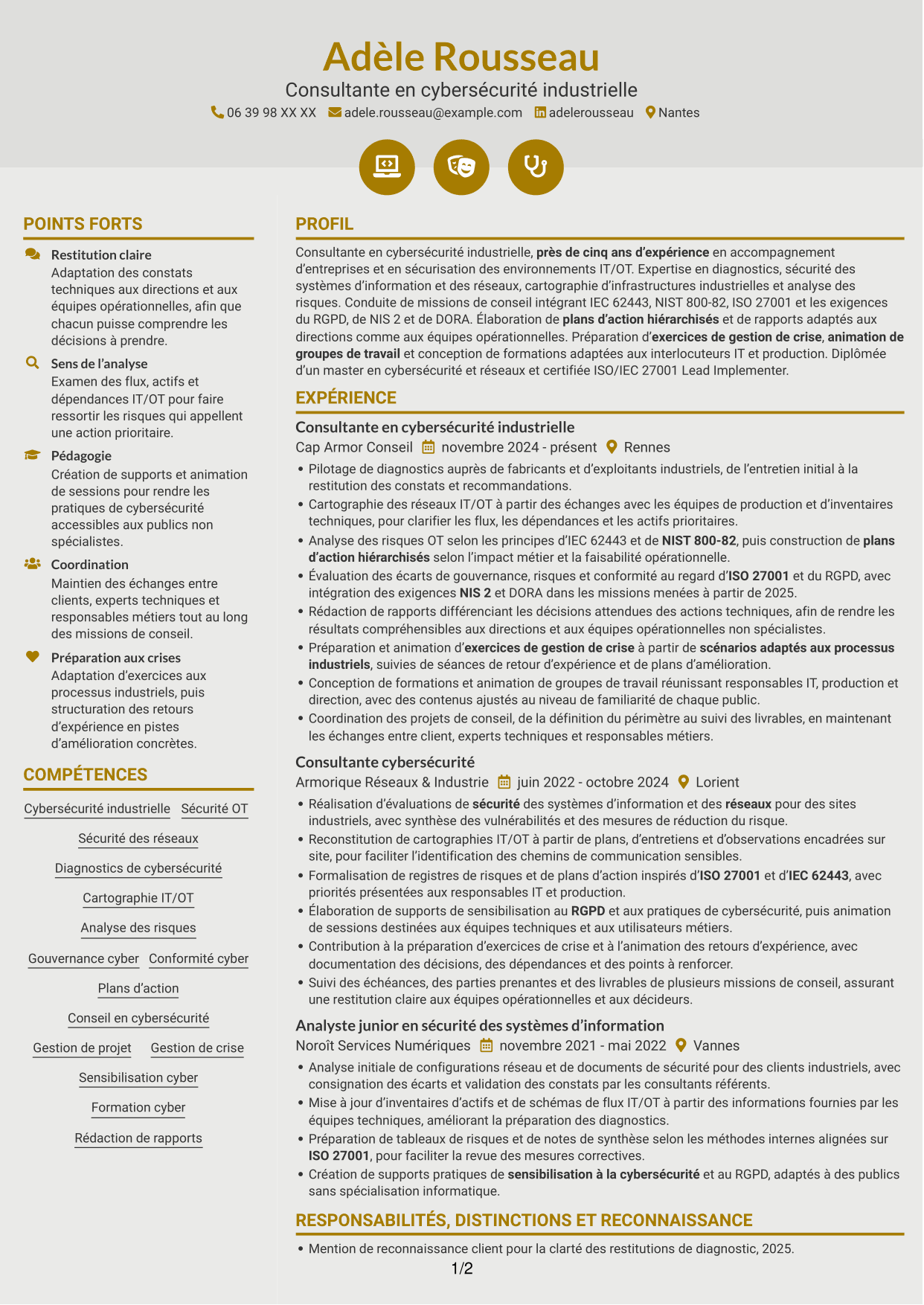 CV Dynamique (format à deux colonnes avec icônes) : Consultant·e en cybersécurité - Sécurité industrielle IT/OT, page 1