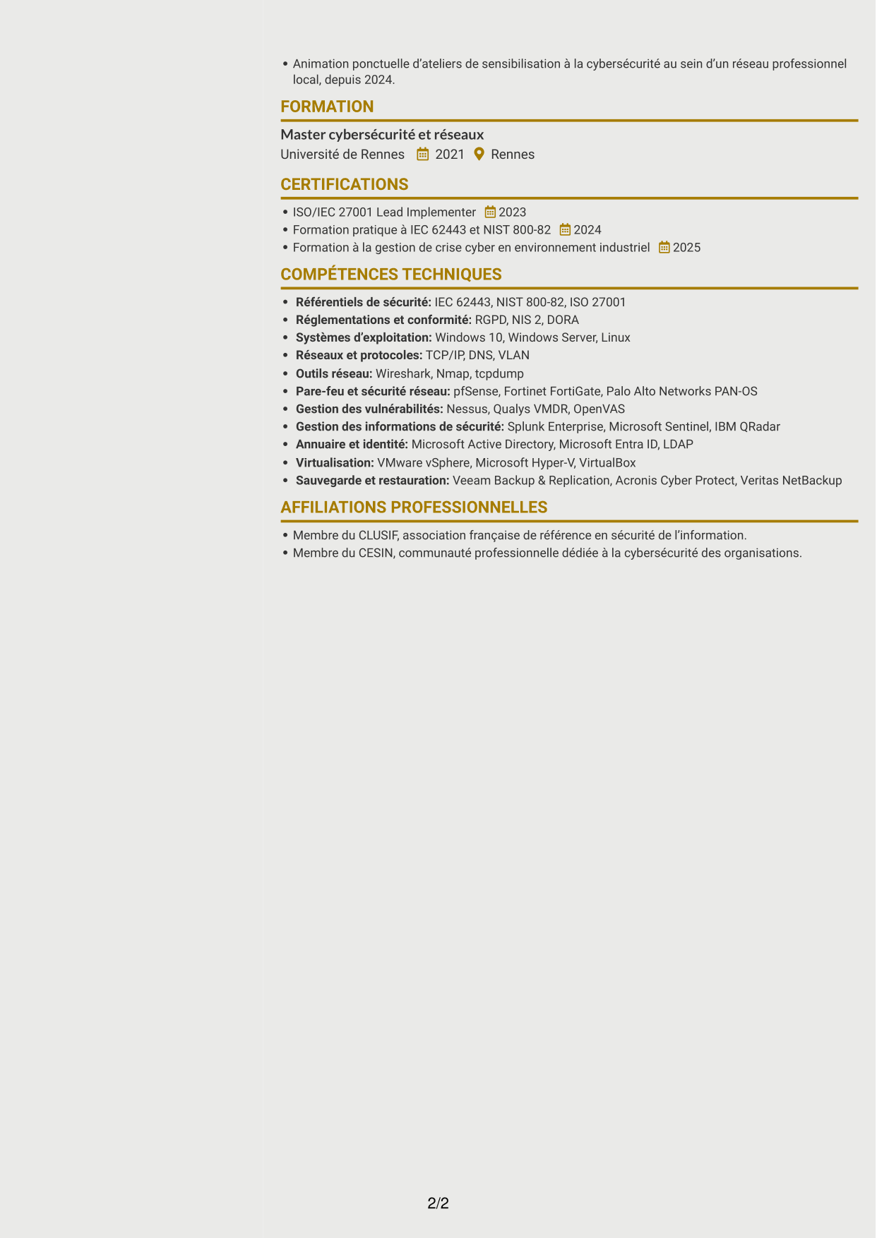 CV Dynamique (format à deux colonnes avec icônes) : Consultant·e en cybersécurité - Sécurité industrielle IT/OT, page 2